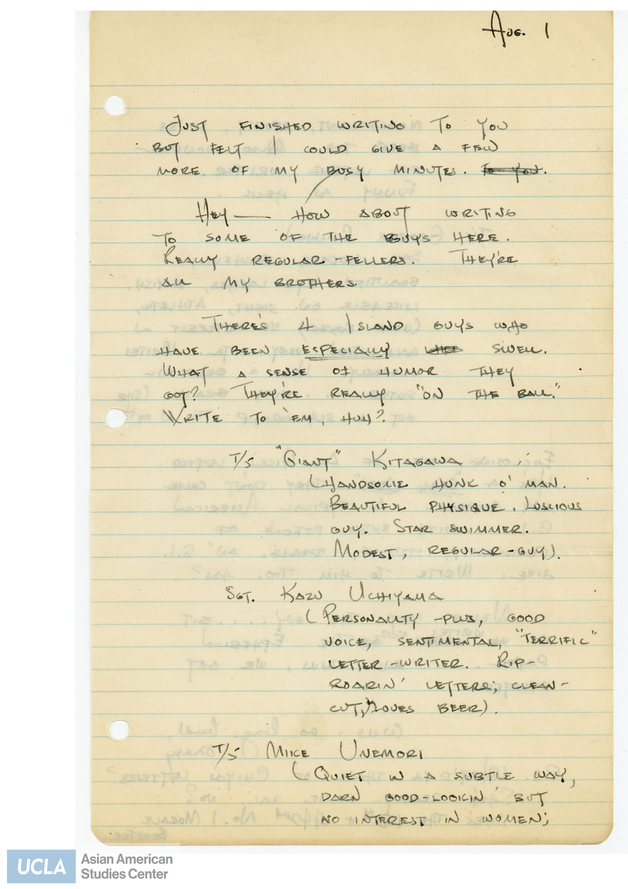 Letter encouraging to write to Nisei servicemen and thoughts about Chiyo's letters.