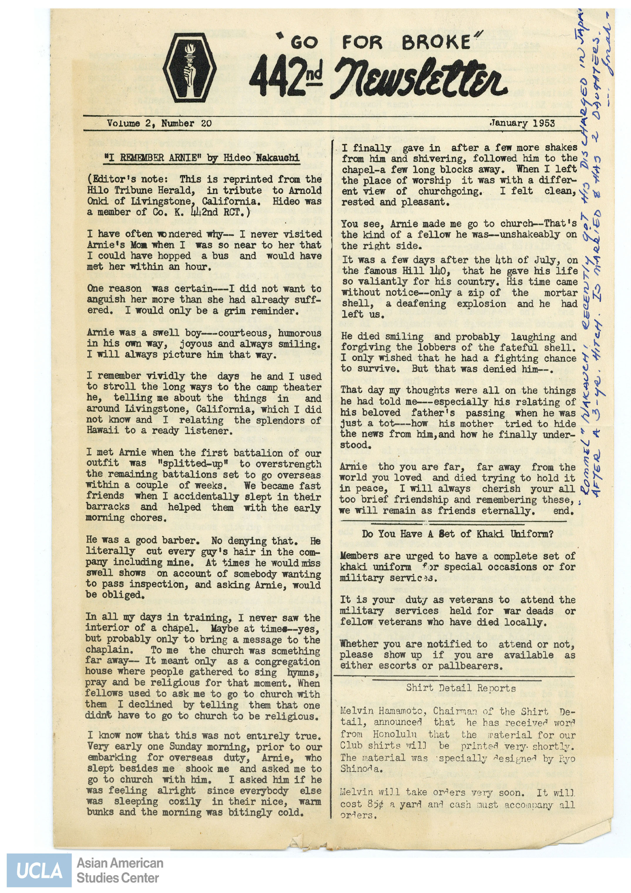 Newsletter regarding veterans of the 442nd Regimental Combat Team.