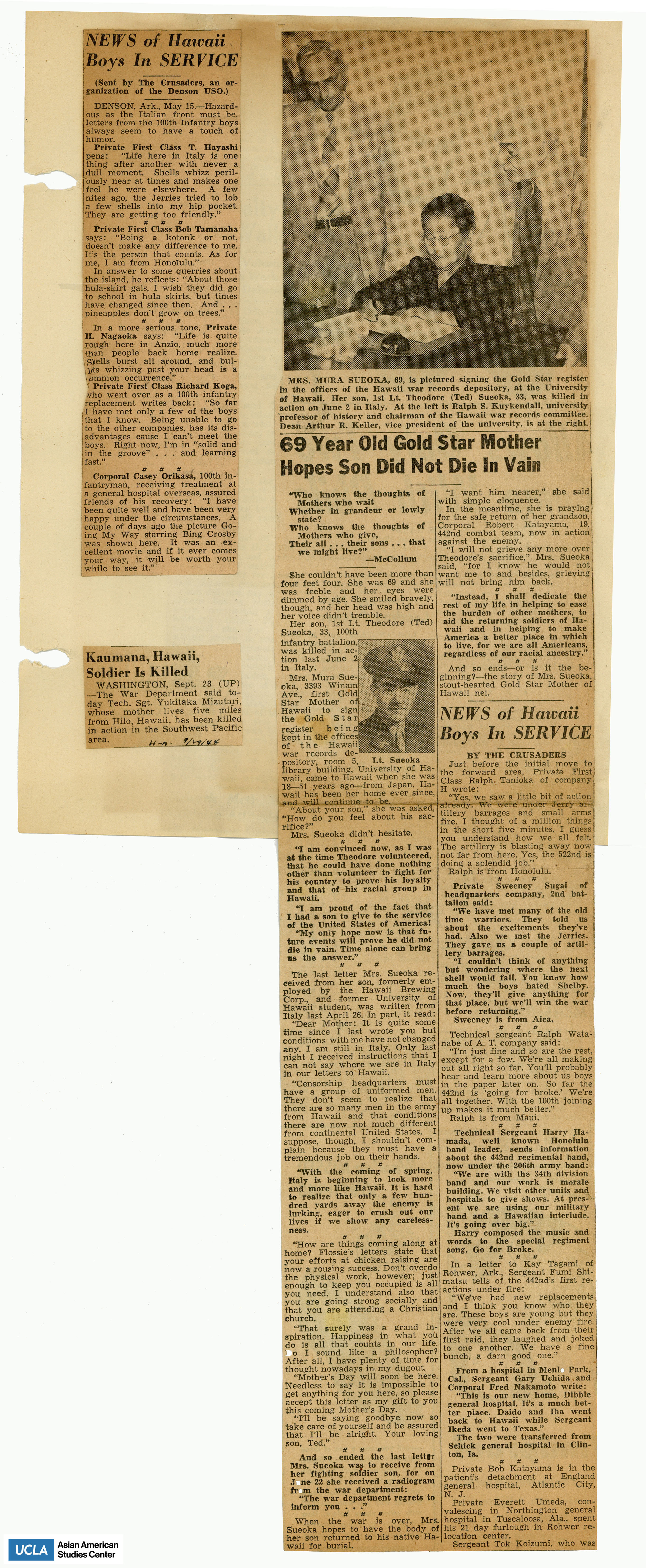 Newspaper clippings regarding news on Hawaiian serviceman during World War II.