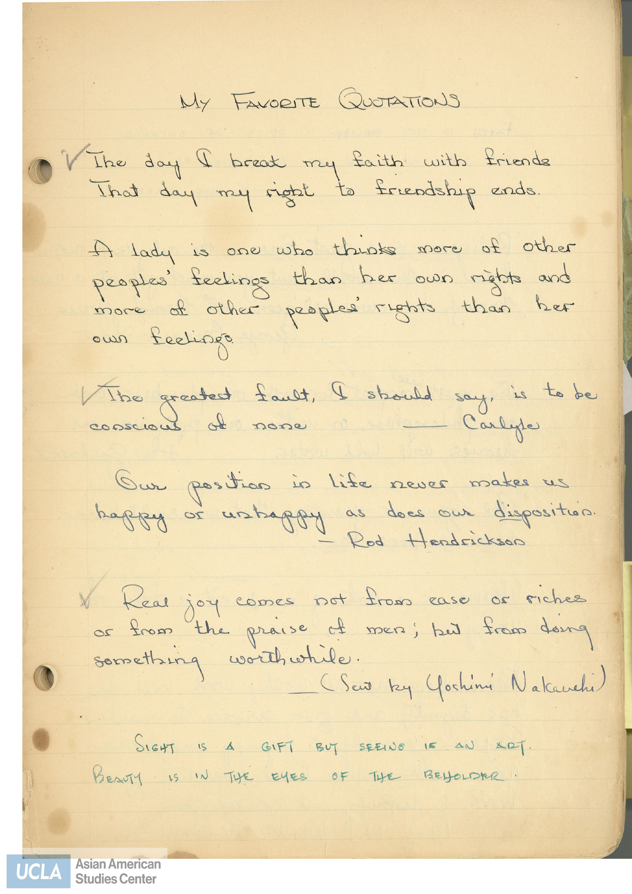 Yuri's notebook with writings of song lyrics, hymns, and commandments.