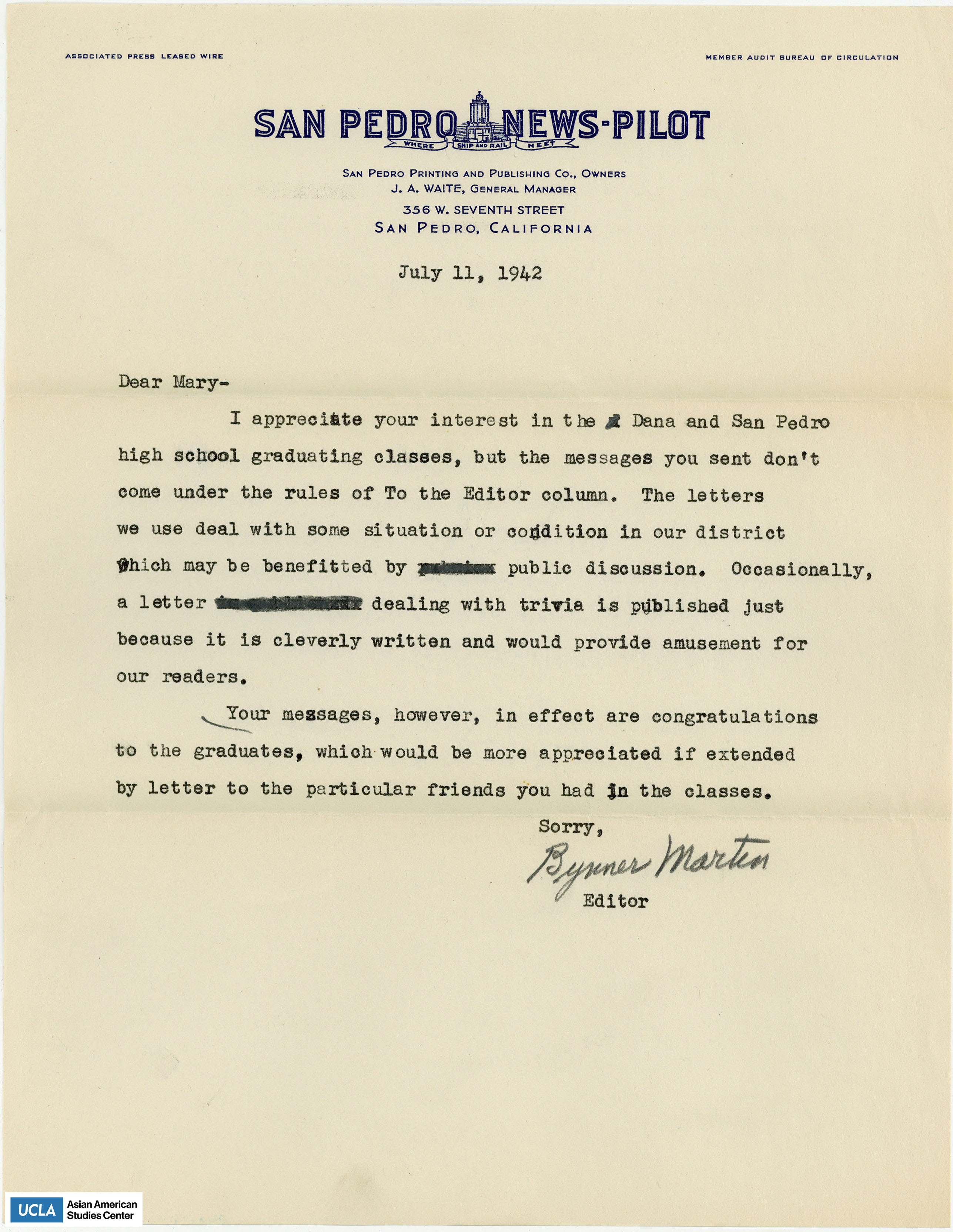 Letter addressed to Yuri regarding the messages do not fall under rules of the column.