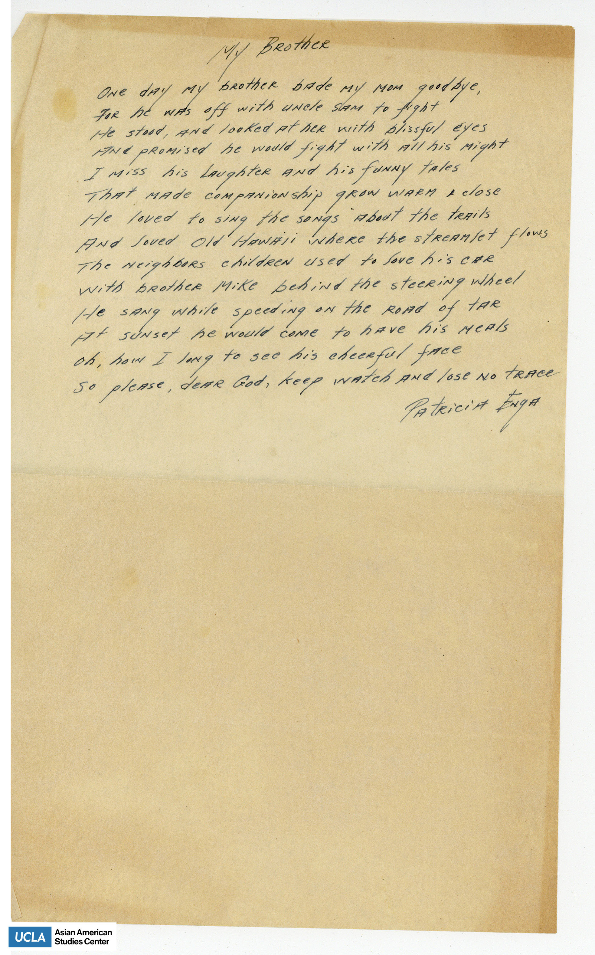 Letter written by Patricia Enga regarding her brother. The letter describes Patricia's brother leaving for the war and her longing to see him again.