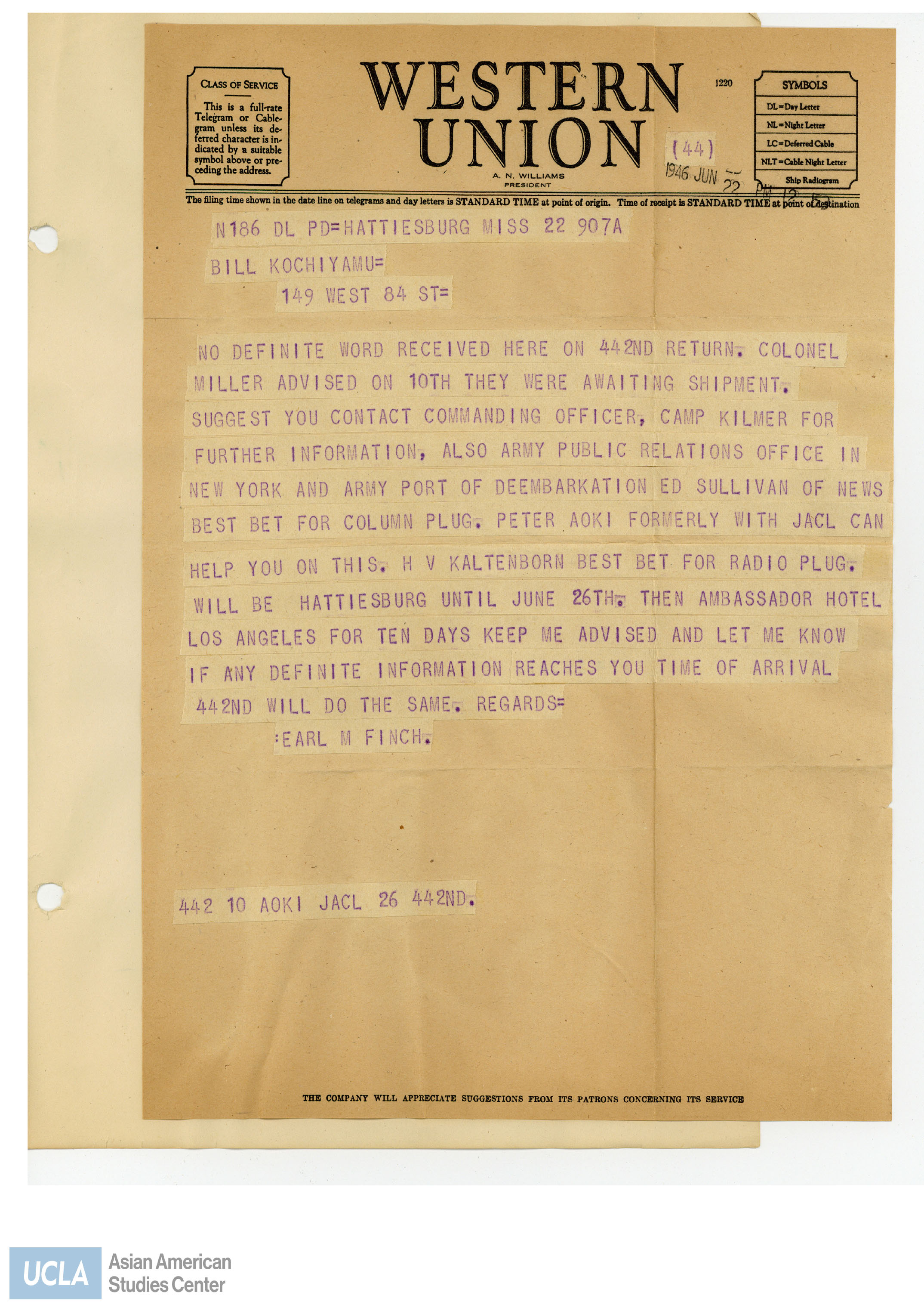 Letter regarding possible date of 442nd Regimental Combat Team return to the United States. During the war, Earl Finch was noteably known as the 