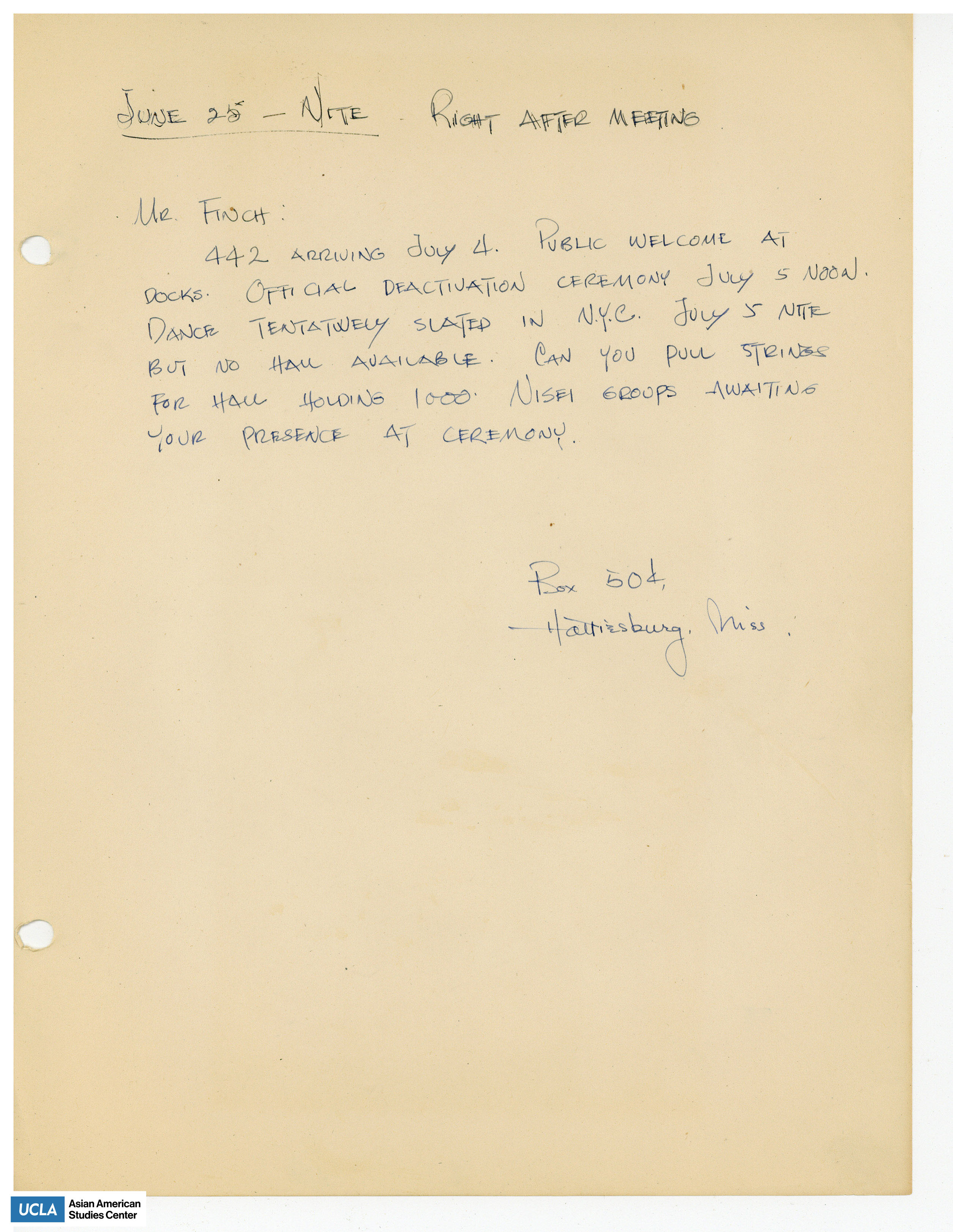 Letter regarding plans for a welcoming event for 442nd Regimental Combat Team in New York City.