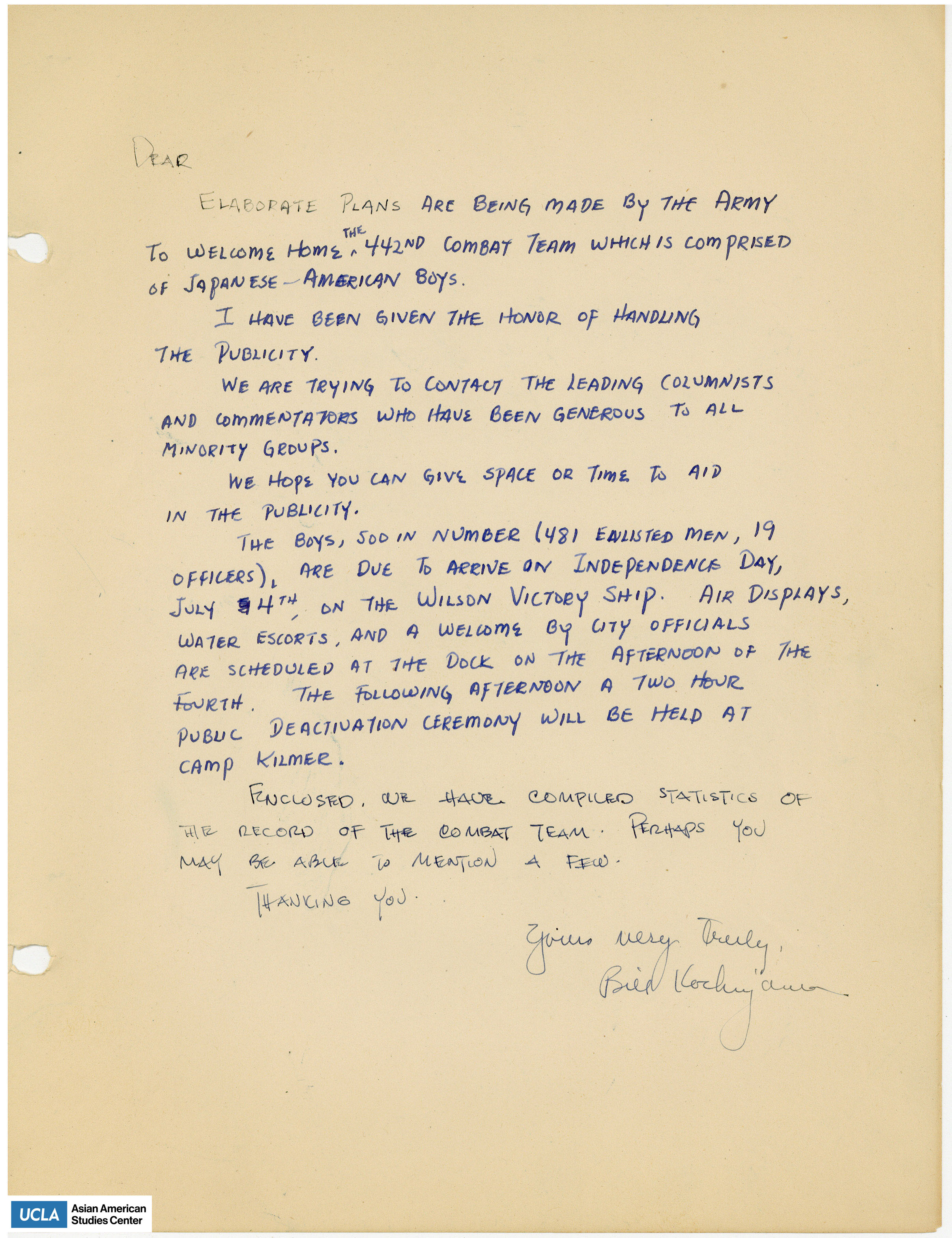 Letter regarding the planning of a welcoming ceremony for the 442nd Regimental Combat Team. Bill is inquiring about contacts for media outlets and publicity for the event.