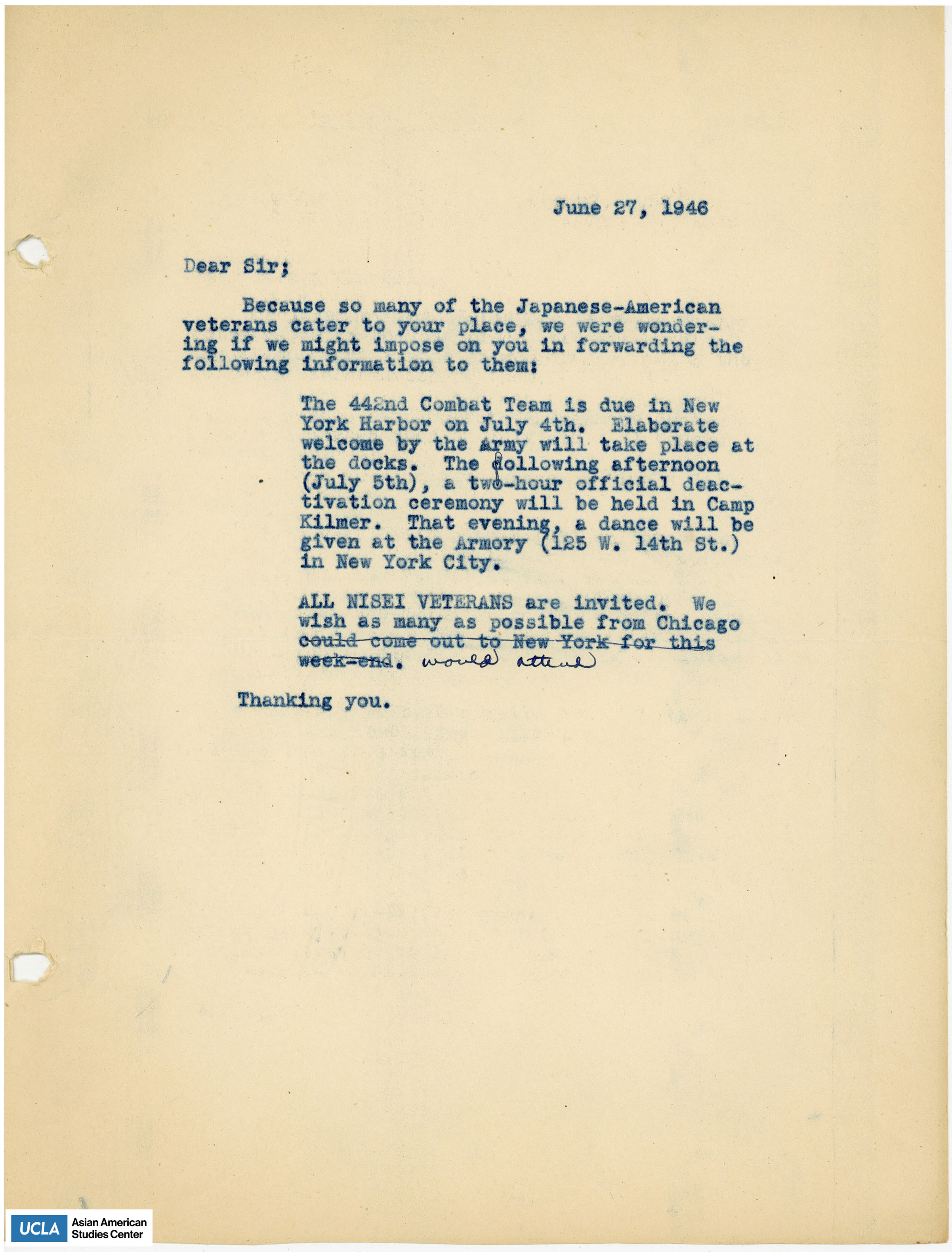 Letter regardnig invitation to the welcoming event for the 442nd Combat Regimental Team in New York Harbor.
