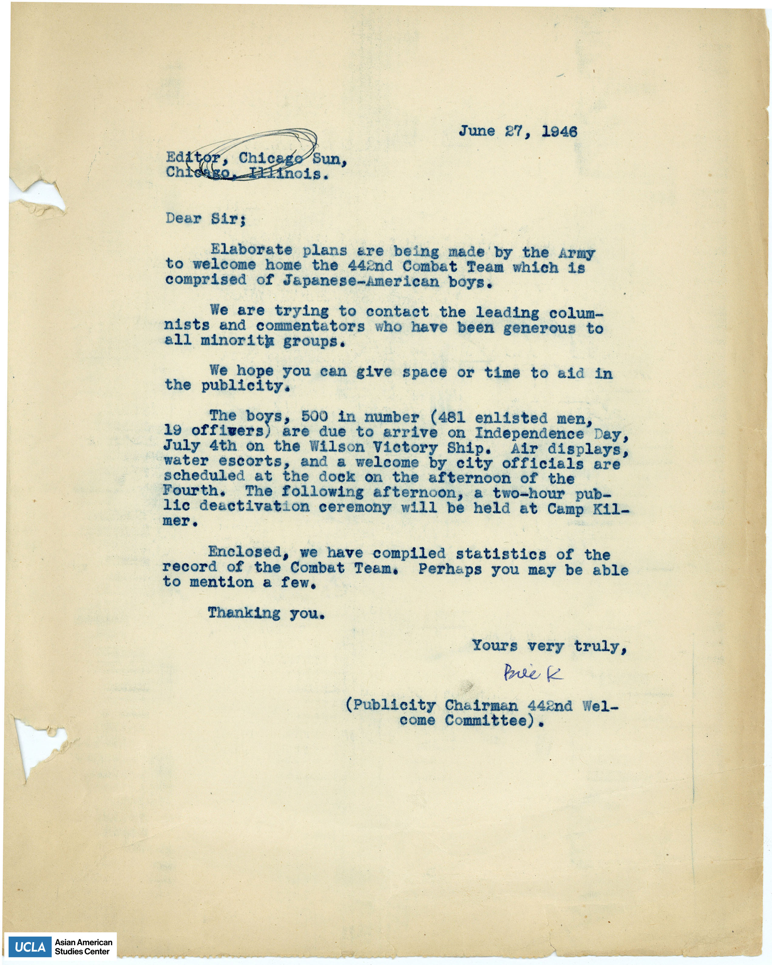 Letter to the editor at Chicago Sun regarding plans for a welcoming event for the 442nd Combat Regimental Team.