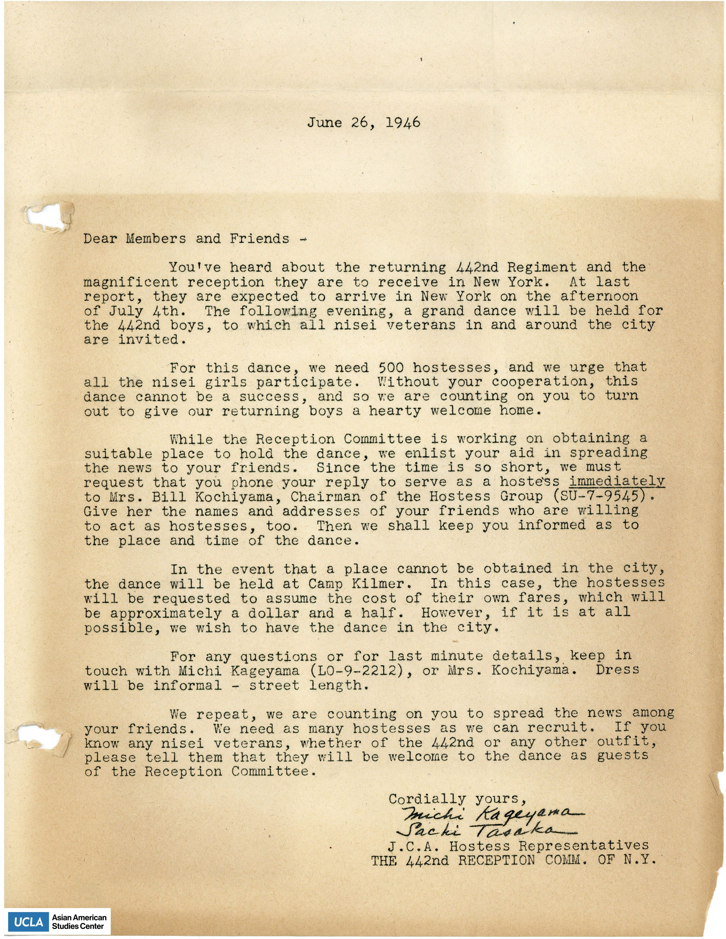 Letter addressed to members and friends regarding plans for a welcoming reception for the 442nd Combat Regimental Team. It requests 500 Nisei hostesses to cooperate in the reception.