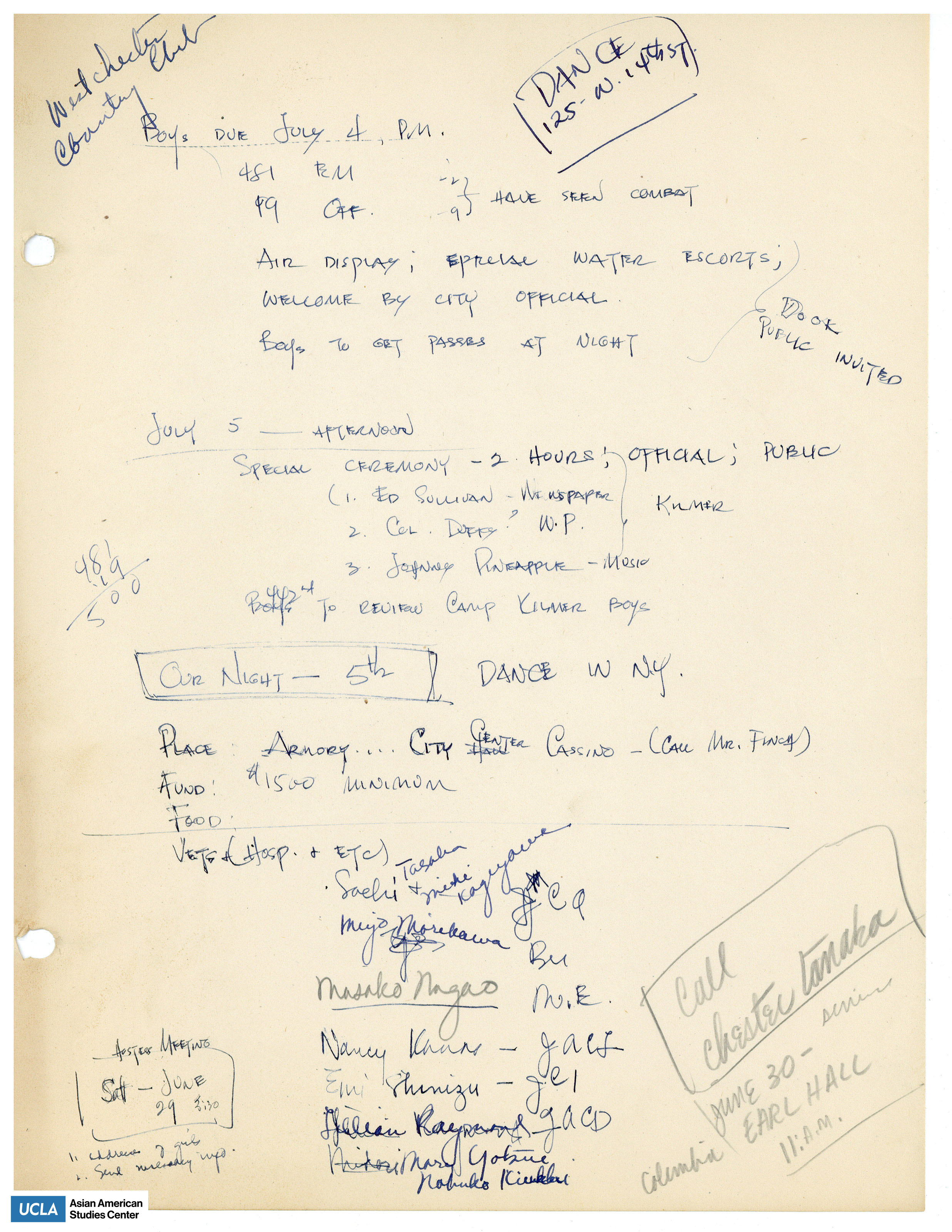 Notes regarding the planning of the 442nd Regimental Combat Team welcoming ceremony in New York City.