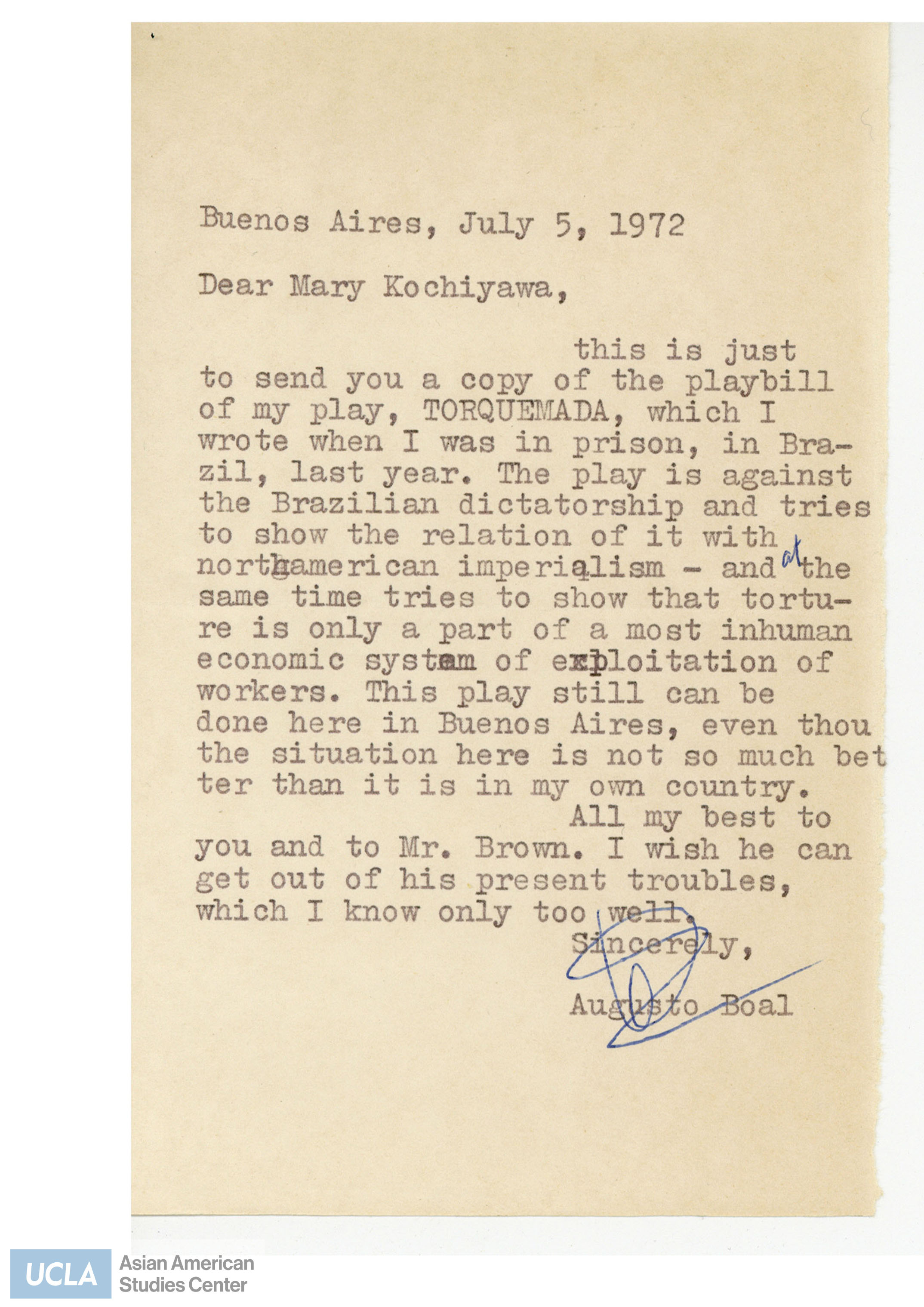 Letter regarding sending the playbill of 