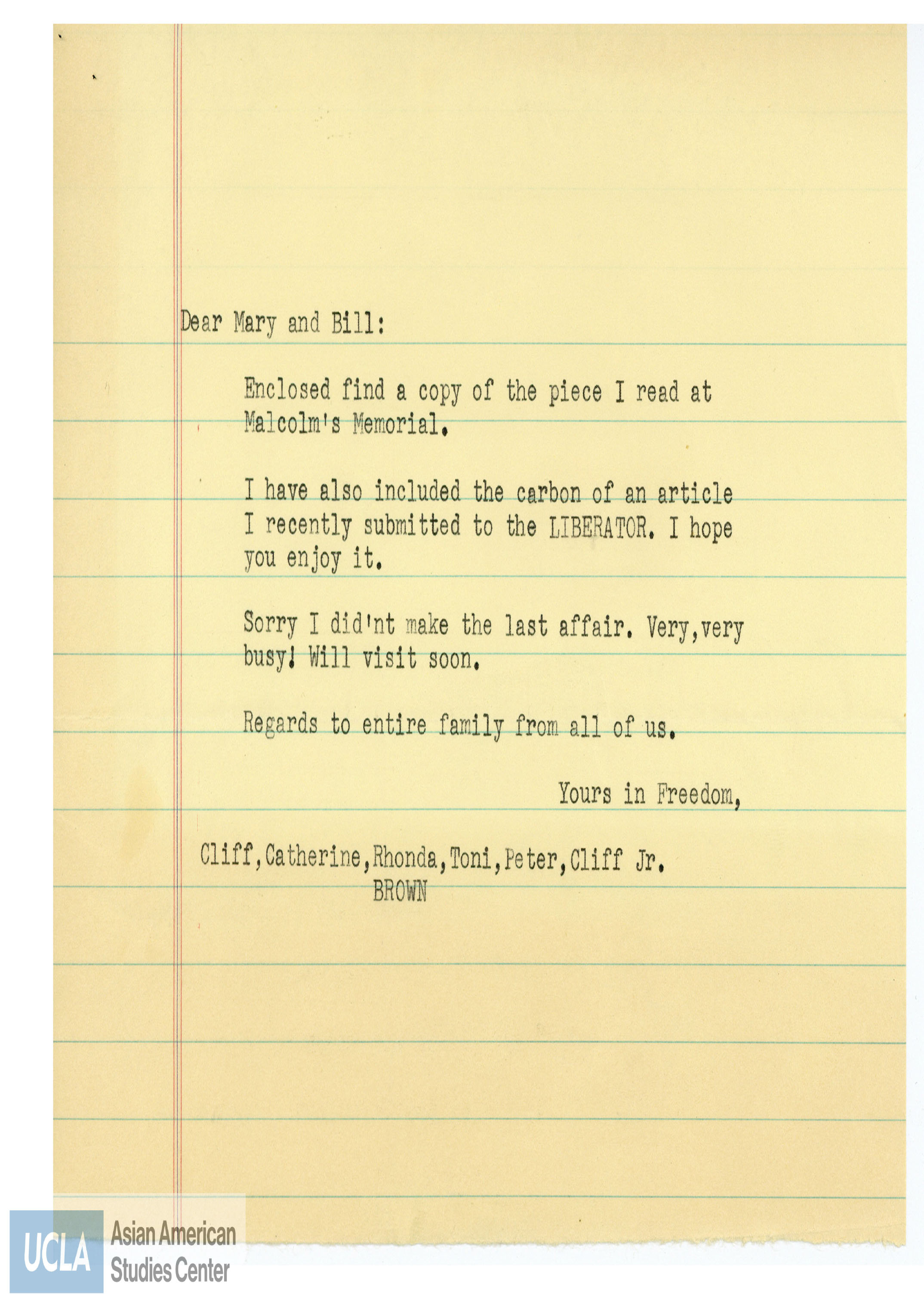 Letter regarding enclosing a copy of the speech read at Malcom X's memorial.