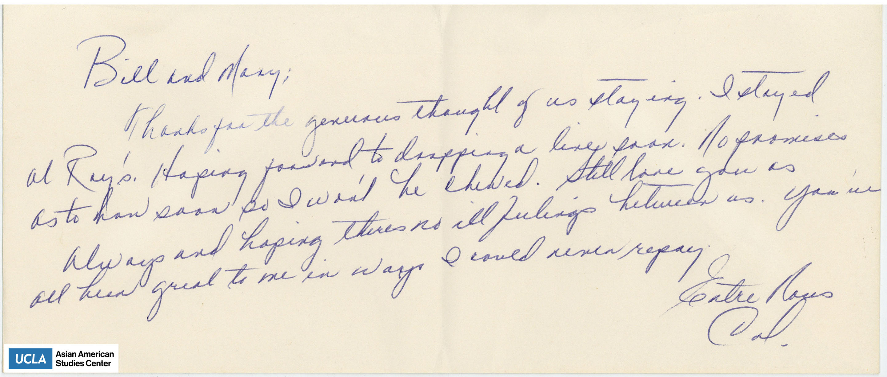 Letter of thanks for the hospitality and hoping to see them soon.