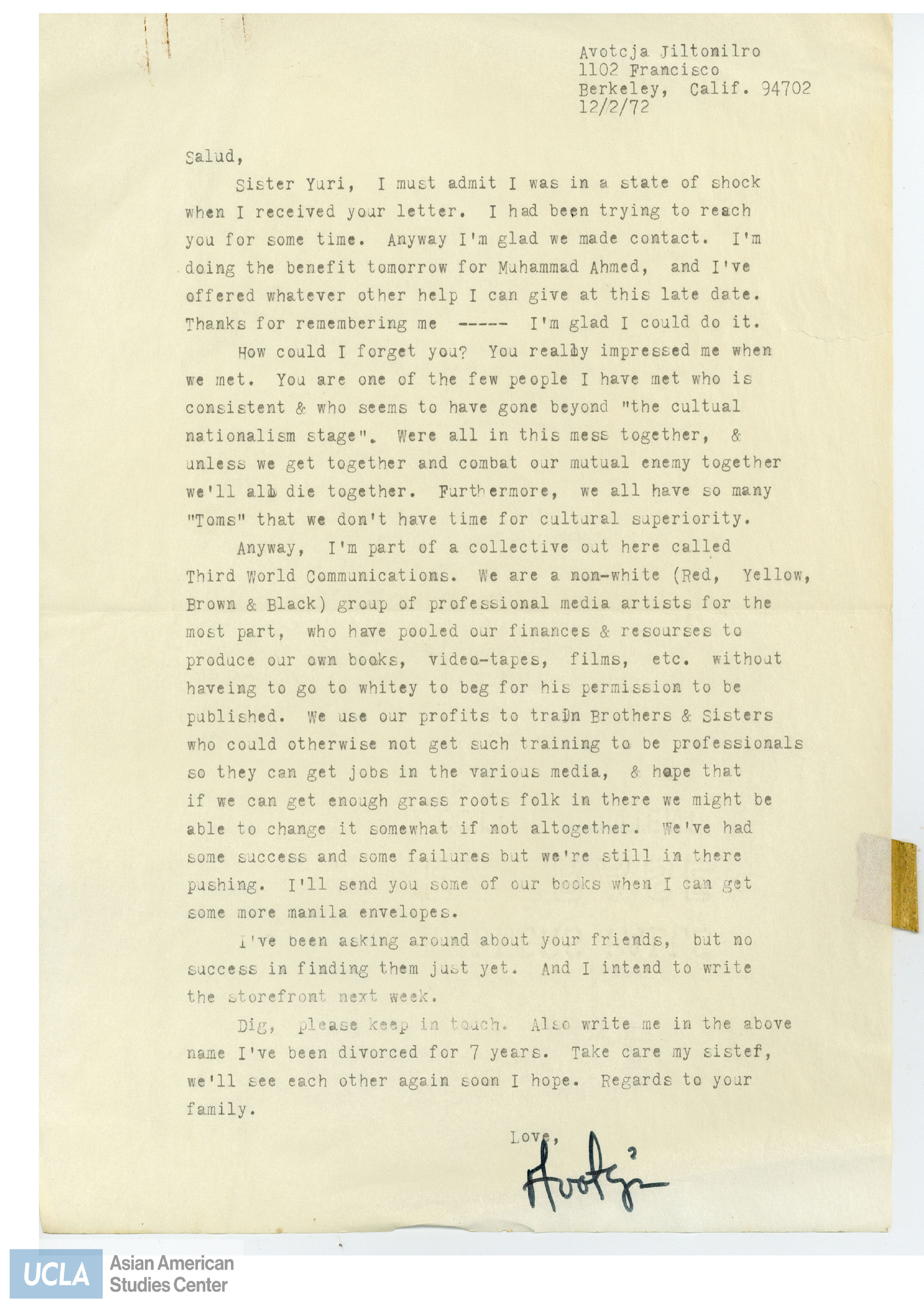 Letter regarding the Third World Communications. Includes pamphlet of the Third World Communications.