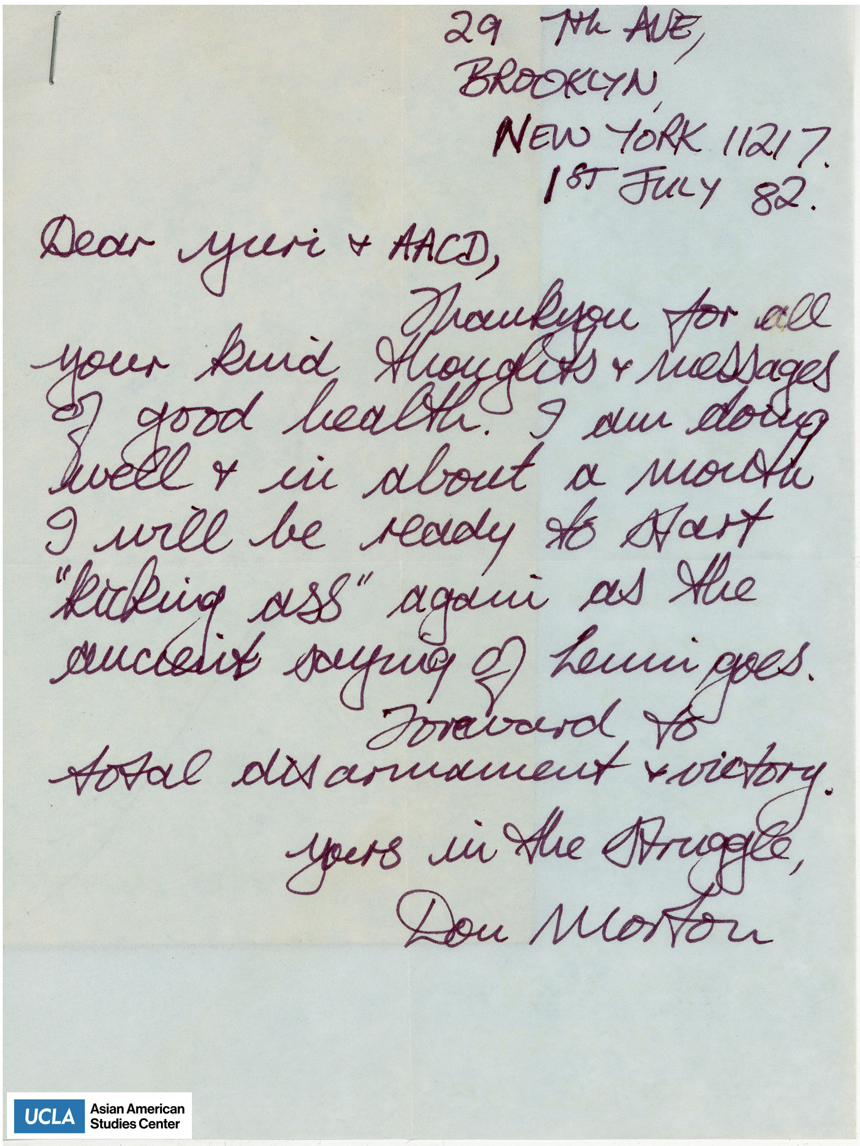 Letter thanking Yuri and AACD for the well wishes and concern about their health.