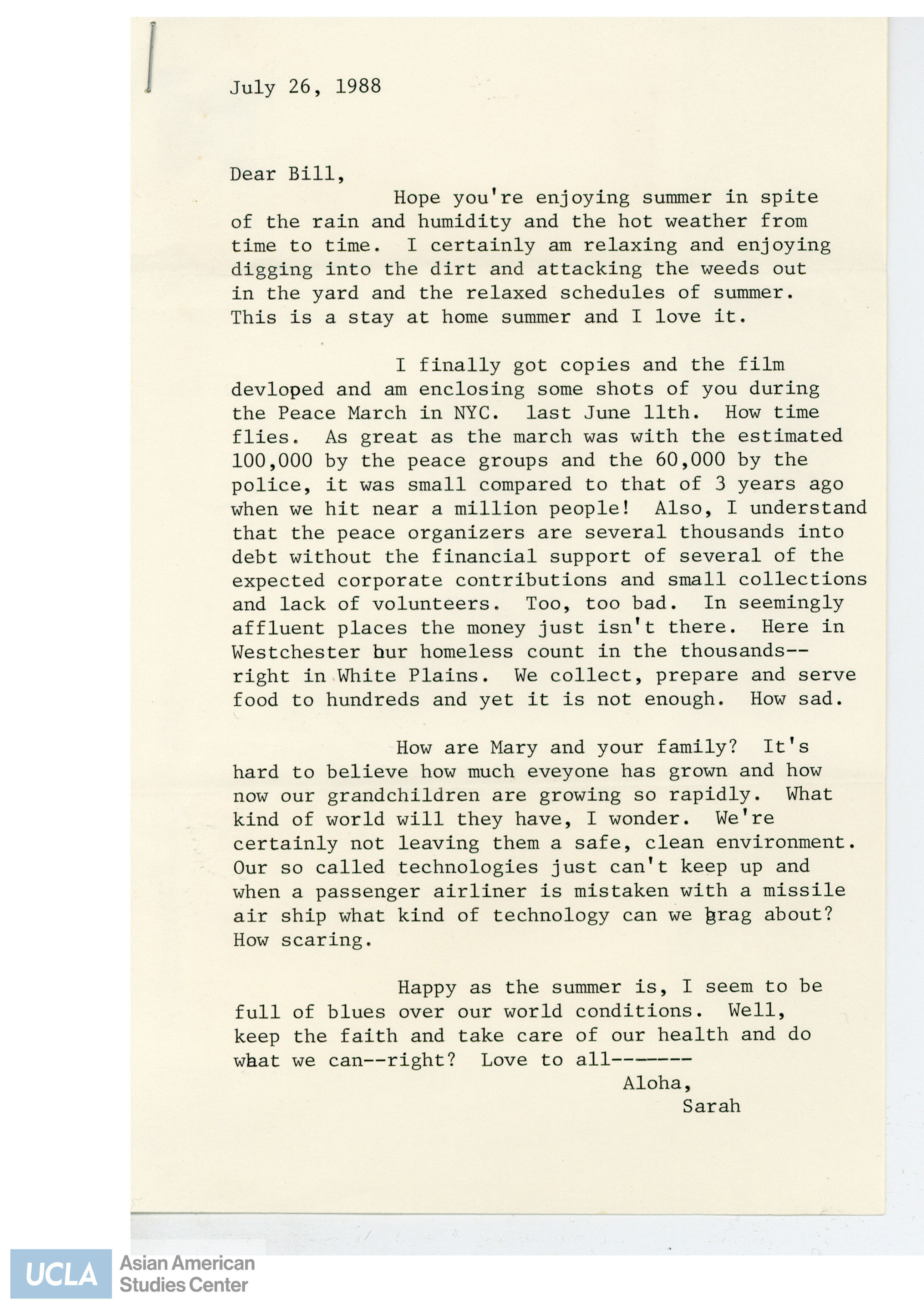 Letter regarding enclosing photos from the Peach March.