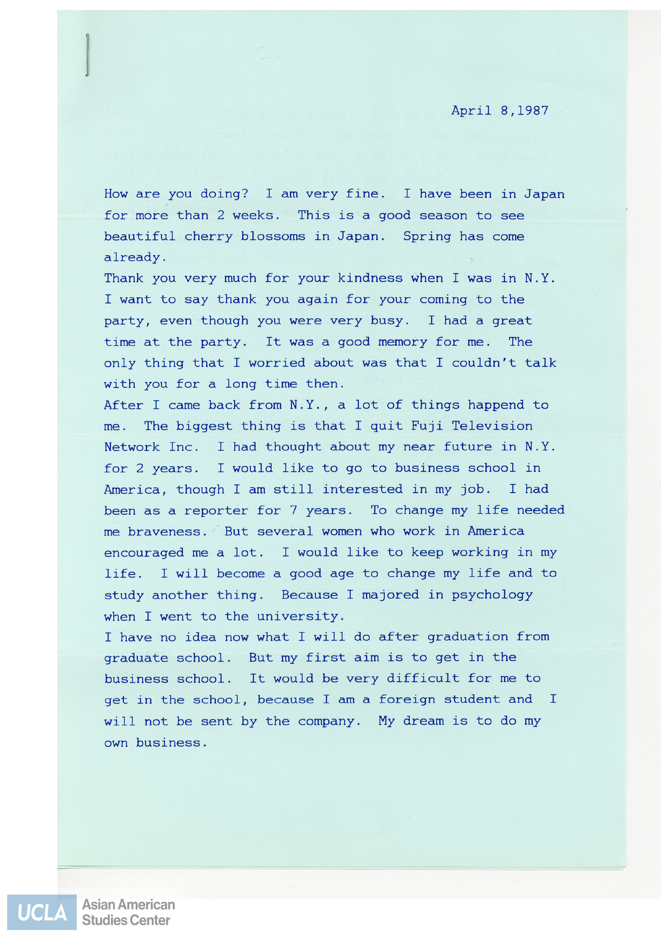 Letter of thanks for the hospitality while in New York.