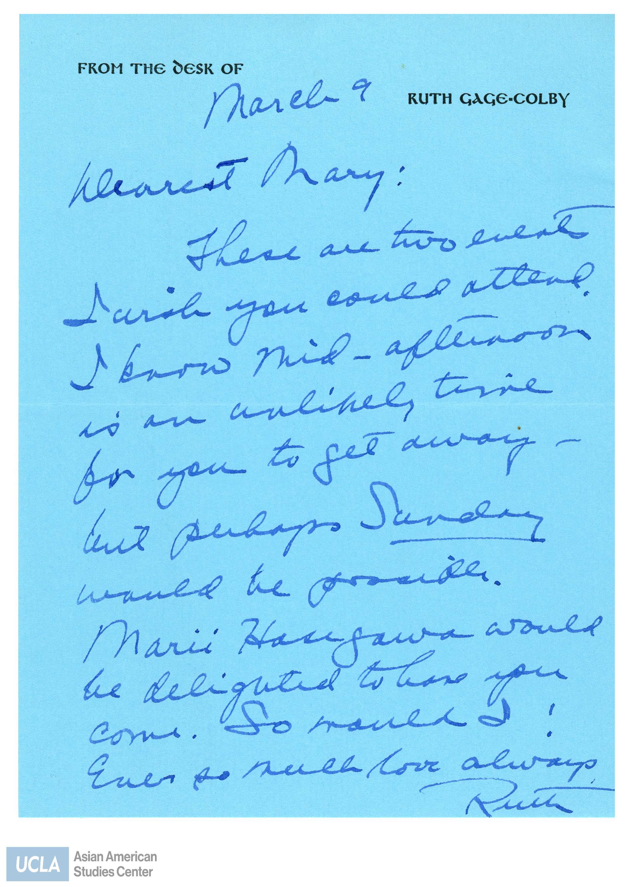 Letter addessed to Yuri with enclosed information on events for colonialism and International Women's Day.