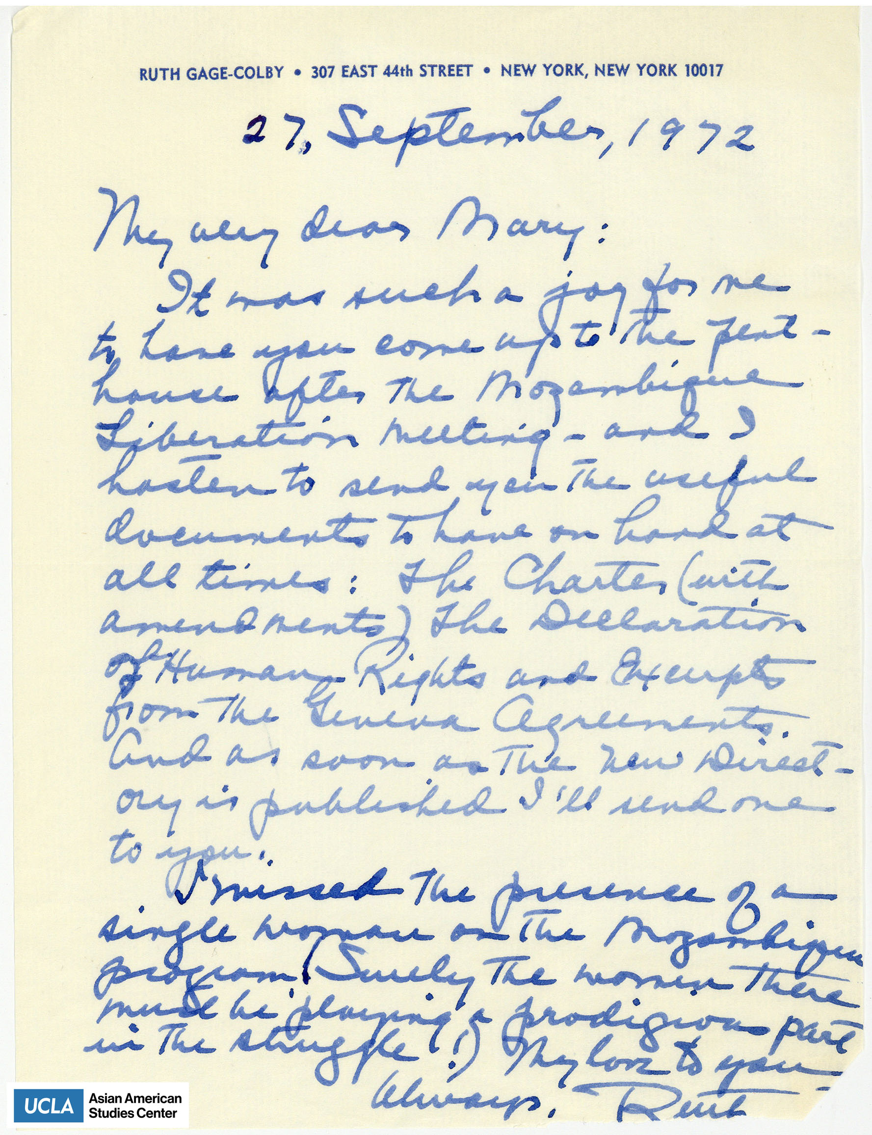 Letter regarding meeting at the penthouse after the liberation meeting.