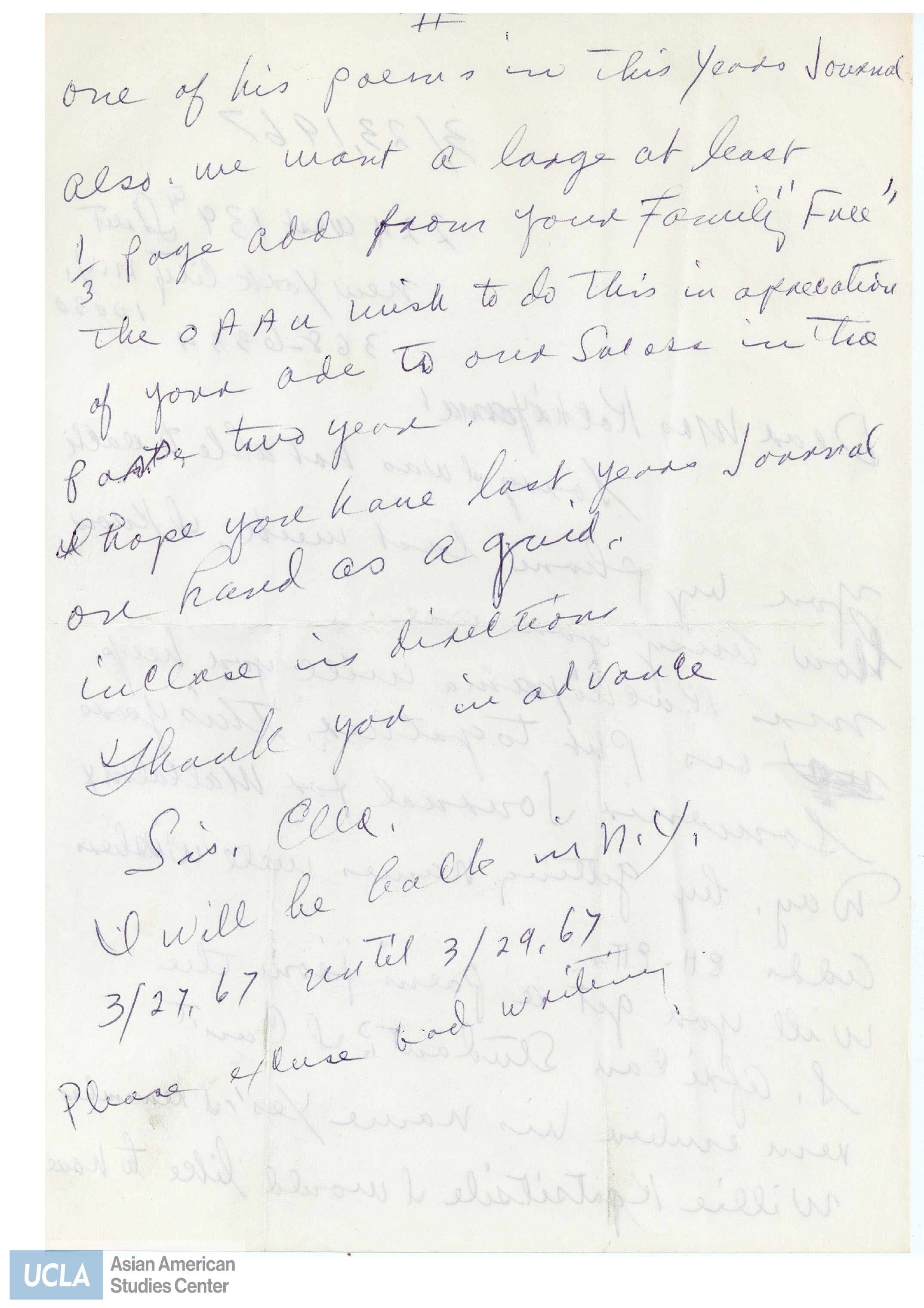 Letter of apology for not reaching Yuri by phone. The letter asks if Yuri can put together a journal for Malcolm X Day.