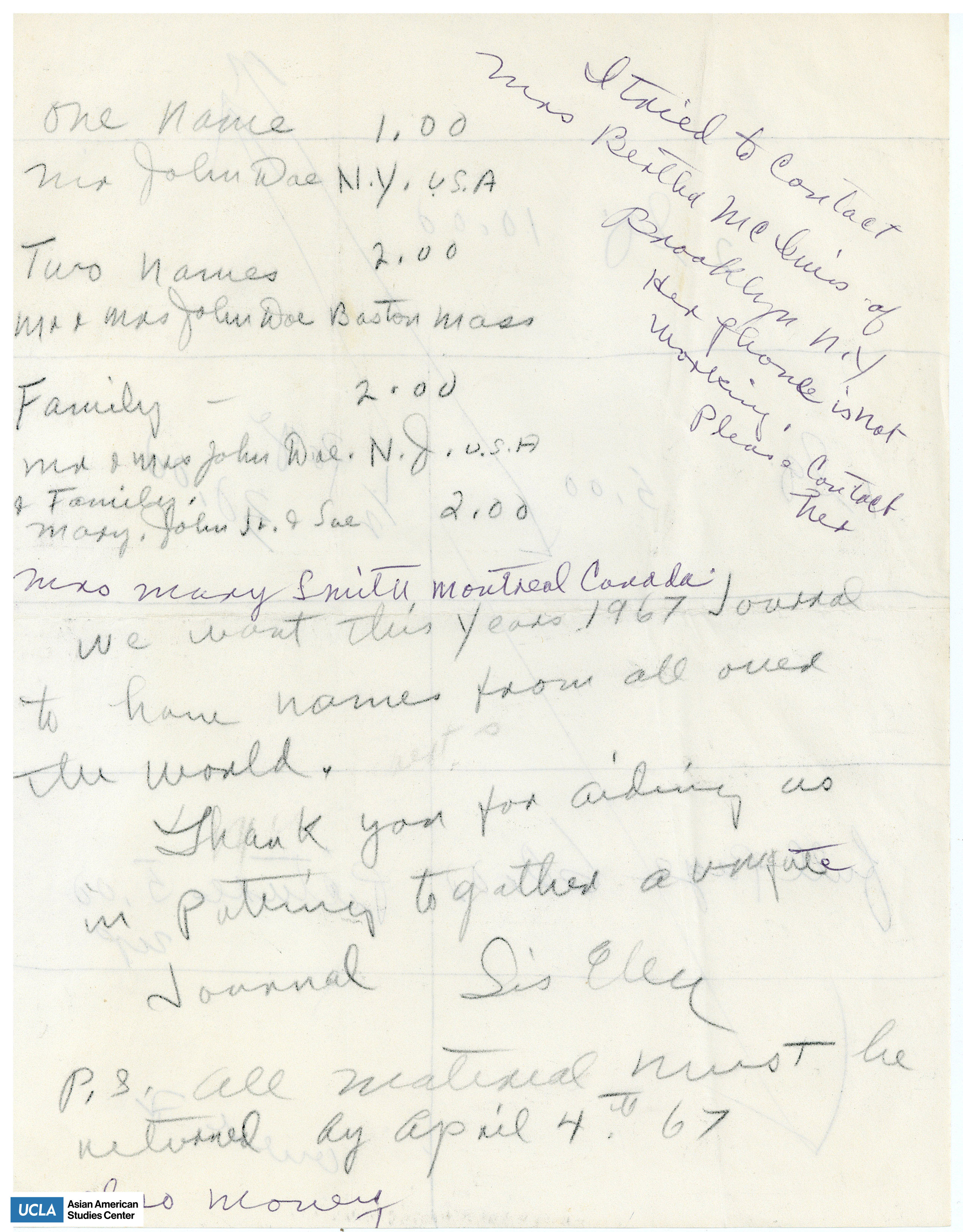 Handwritten notes of contacts and a letter.