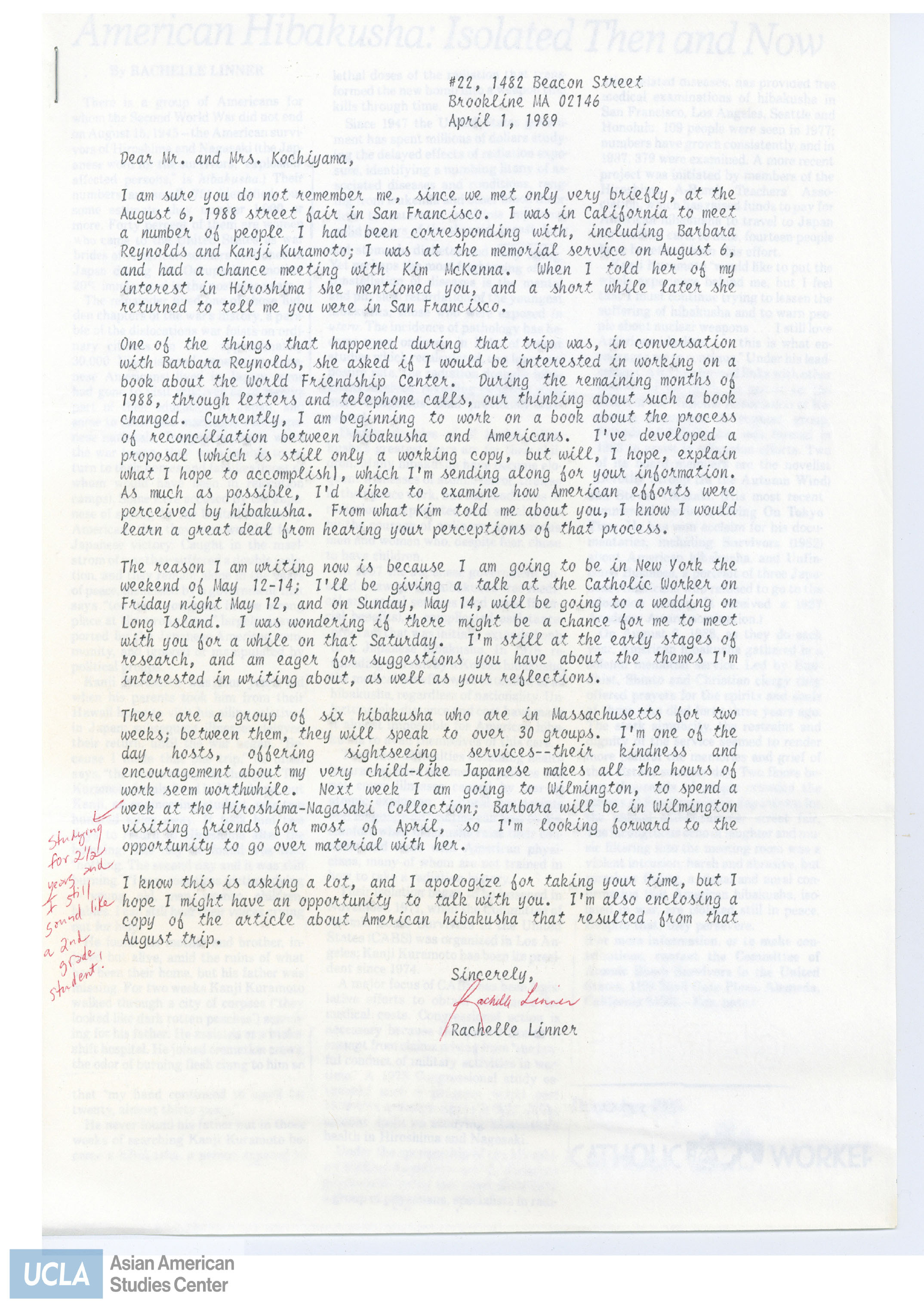 Letter. Includes newspaper clipping from Catholic Worker titled: 