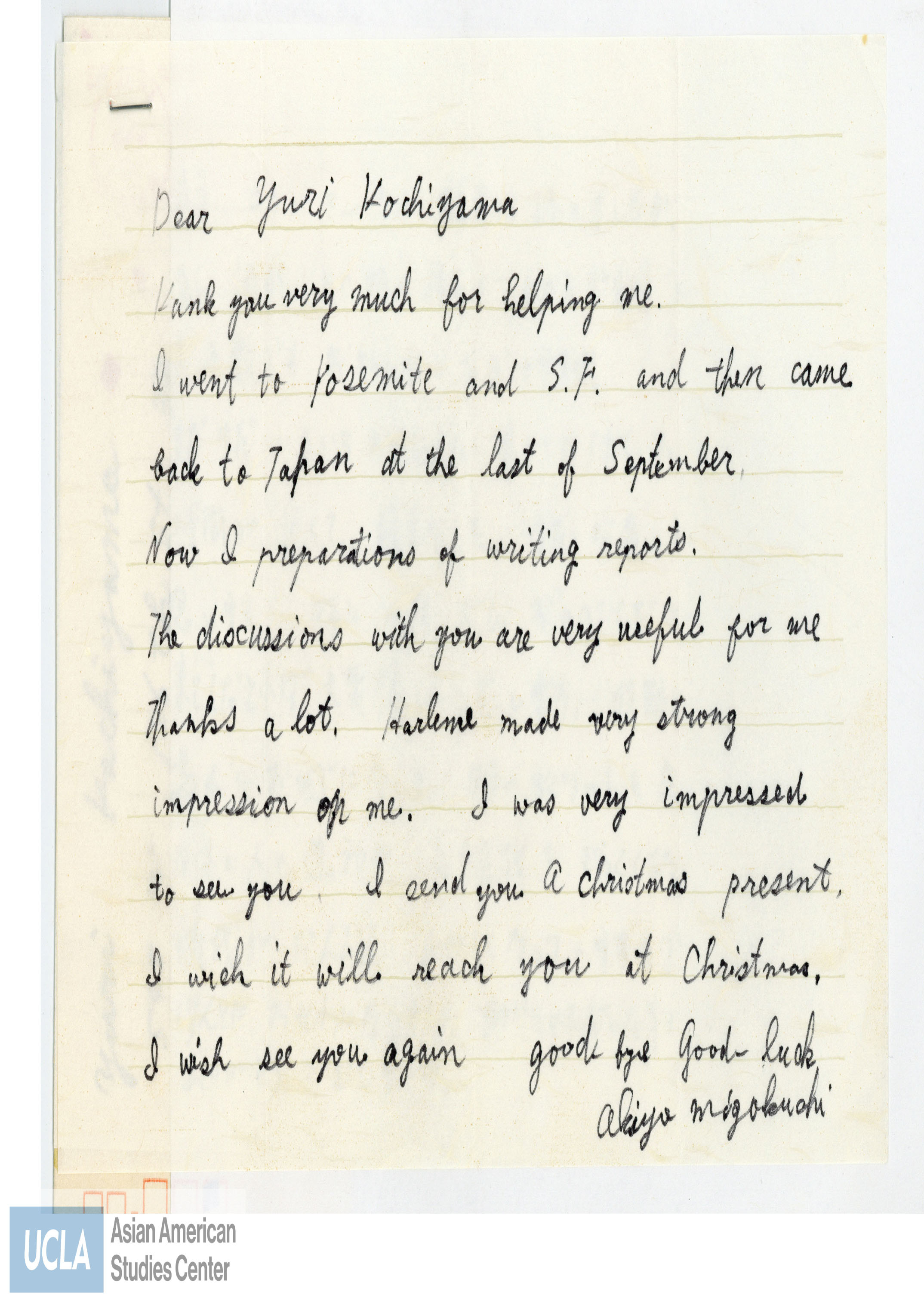 Letter of thanks for helping during their travels in Yosemite and San Francisco. On their trip back to Japan, they will be preparing to write reports and hopes to see Yuri again. Letter is also in Japanese.
