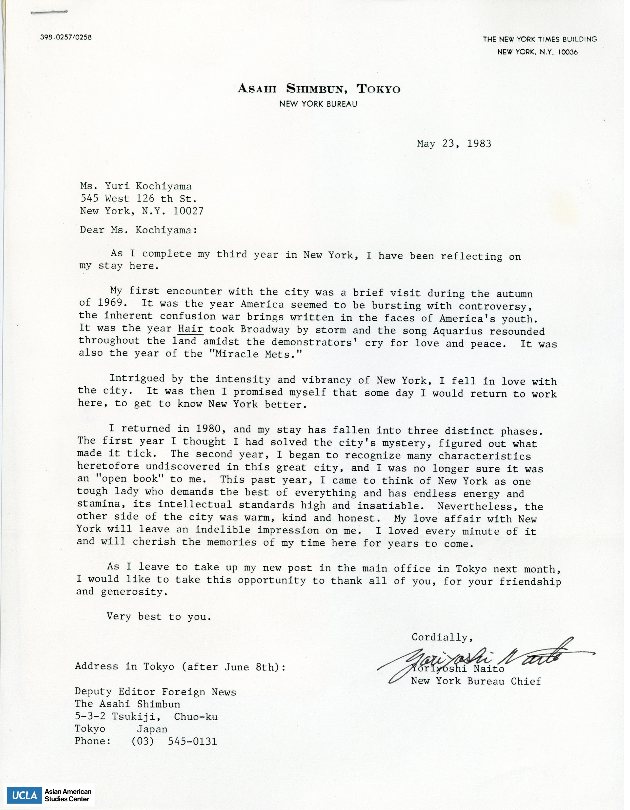 Letter regarding Yoriyoshi Naito's experiences in New York City.