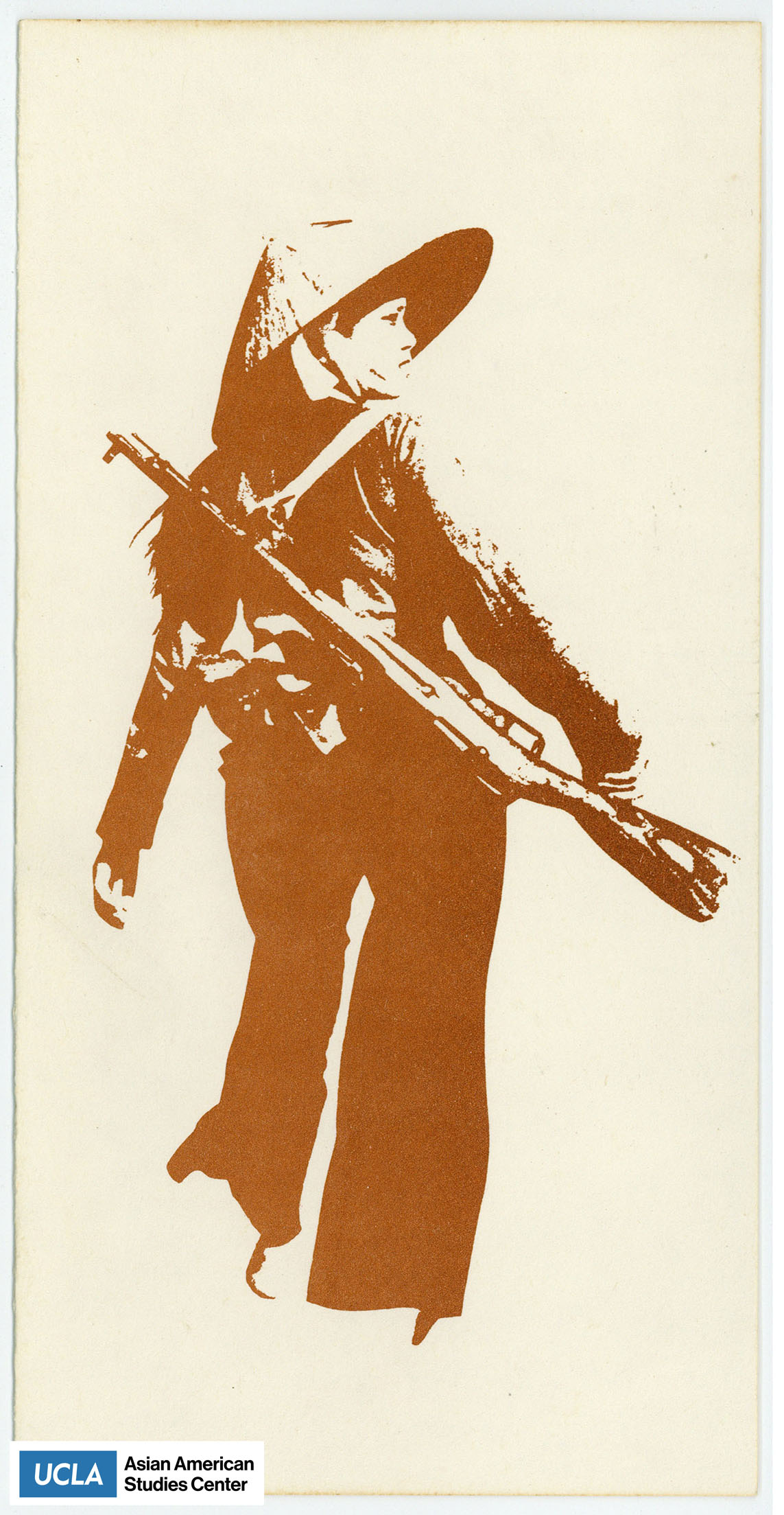 Print of Vietnamese woman wearing a conical hat with a rifle slung behind her.