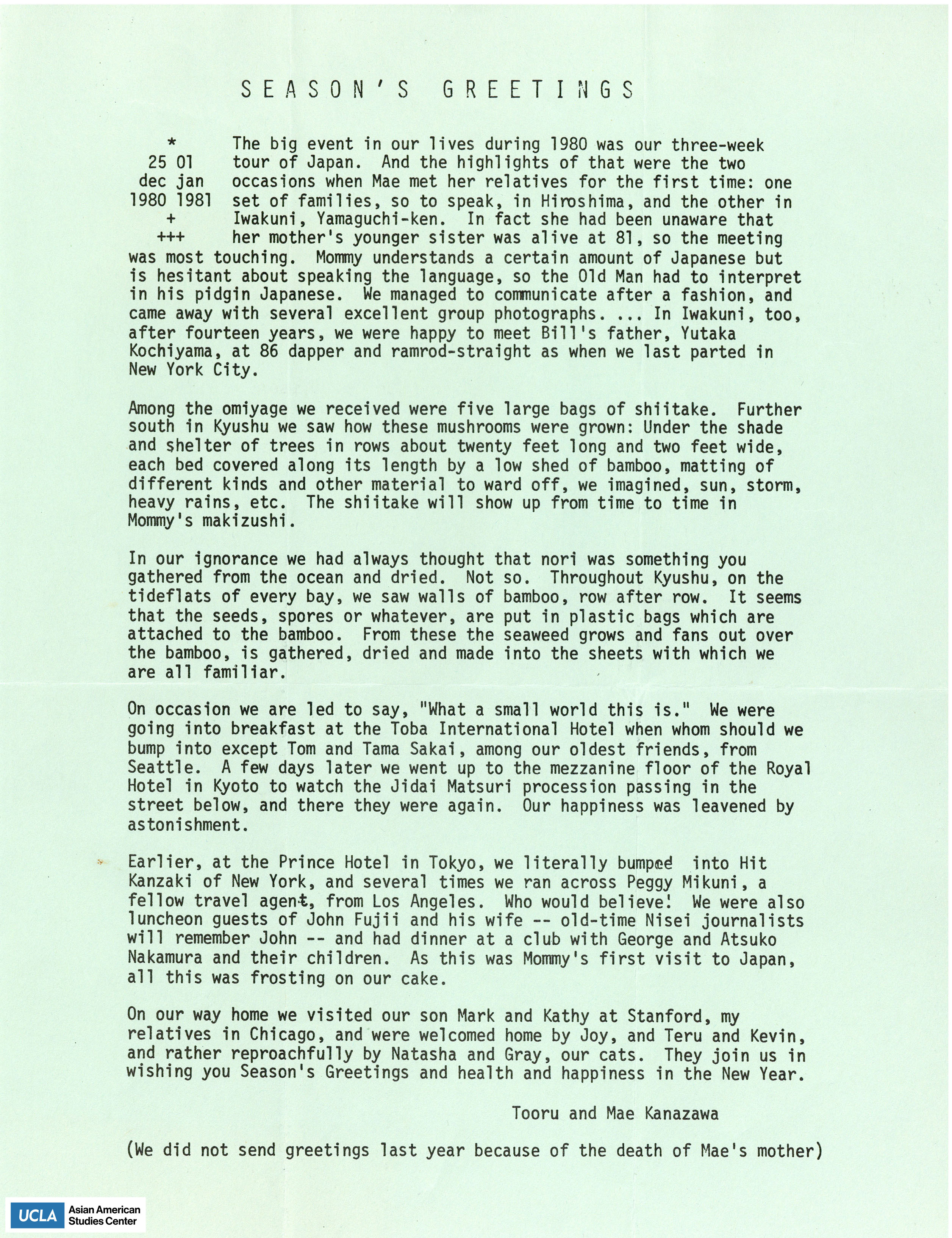 Letter regarding a three week visit of Japan and some experiences.