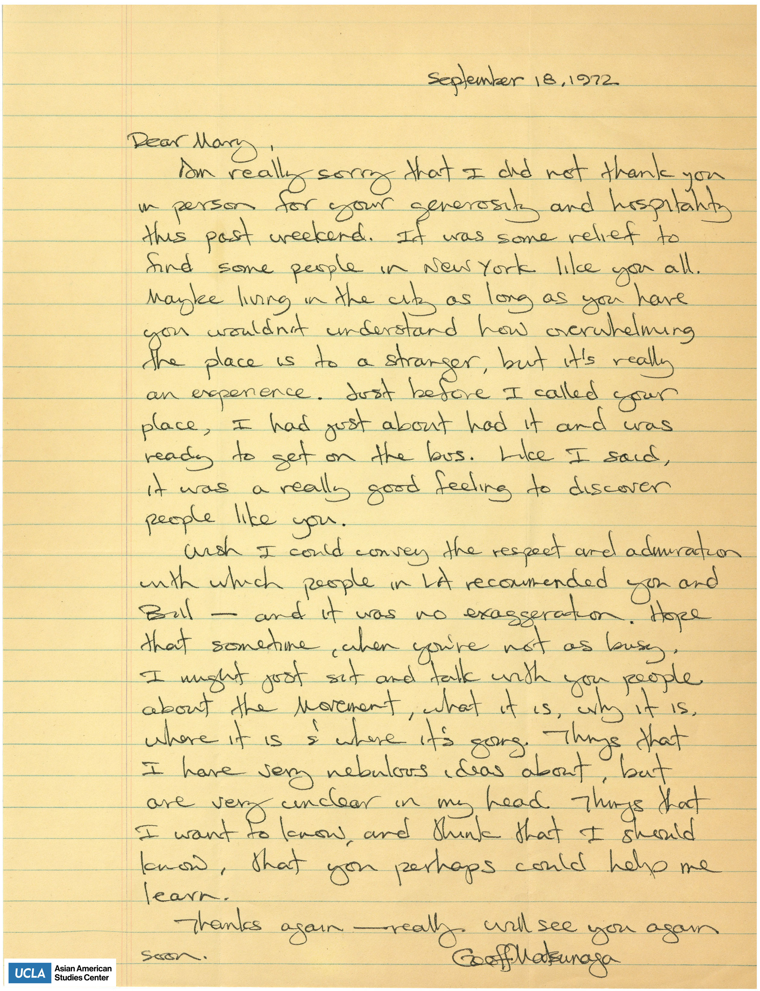 Letter of thanks and appreciation for the hospitality at the Kochiyama home. Geoff mentions the possibiilty of learning more about the movement from Yuri when she is less busy.