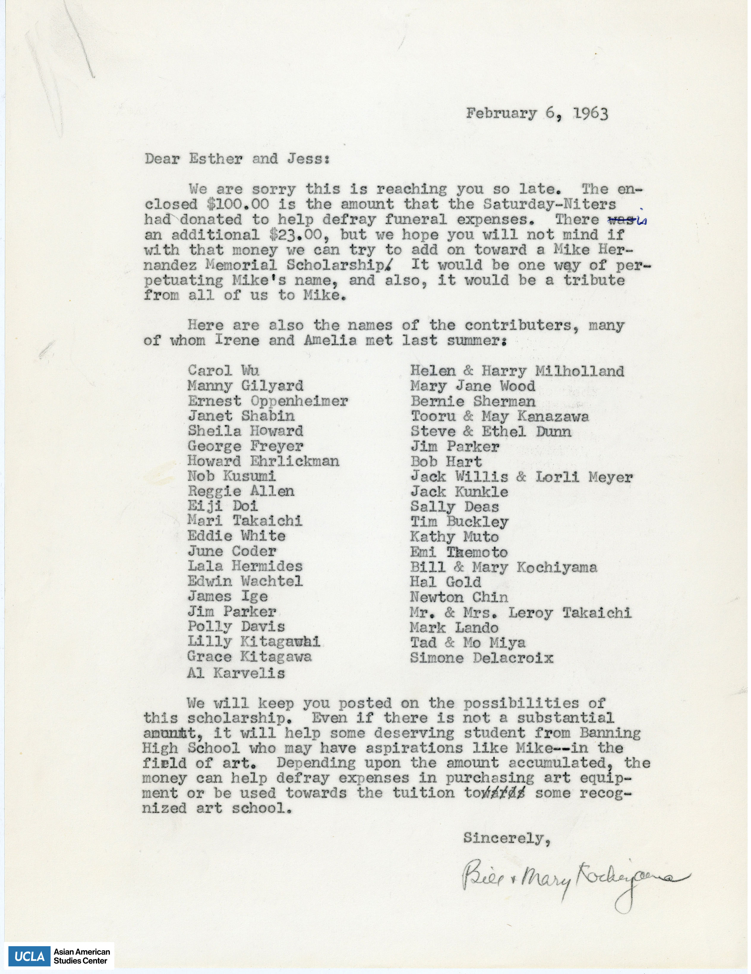 Letter enclosing a donation to funeral expenses and a list of contributors.