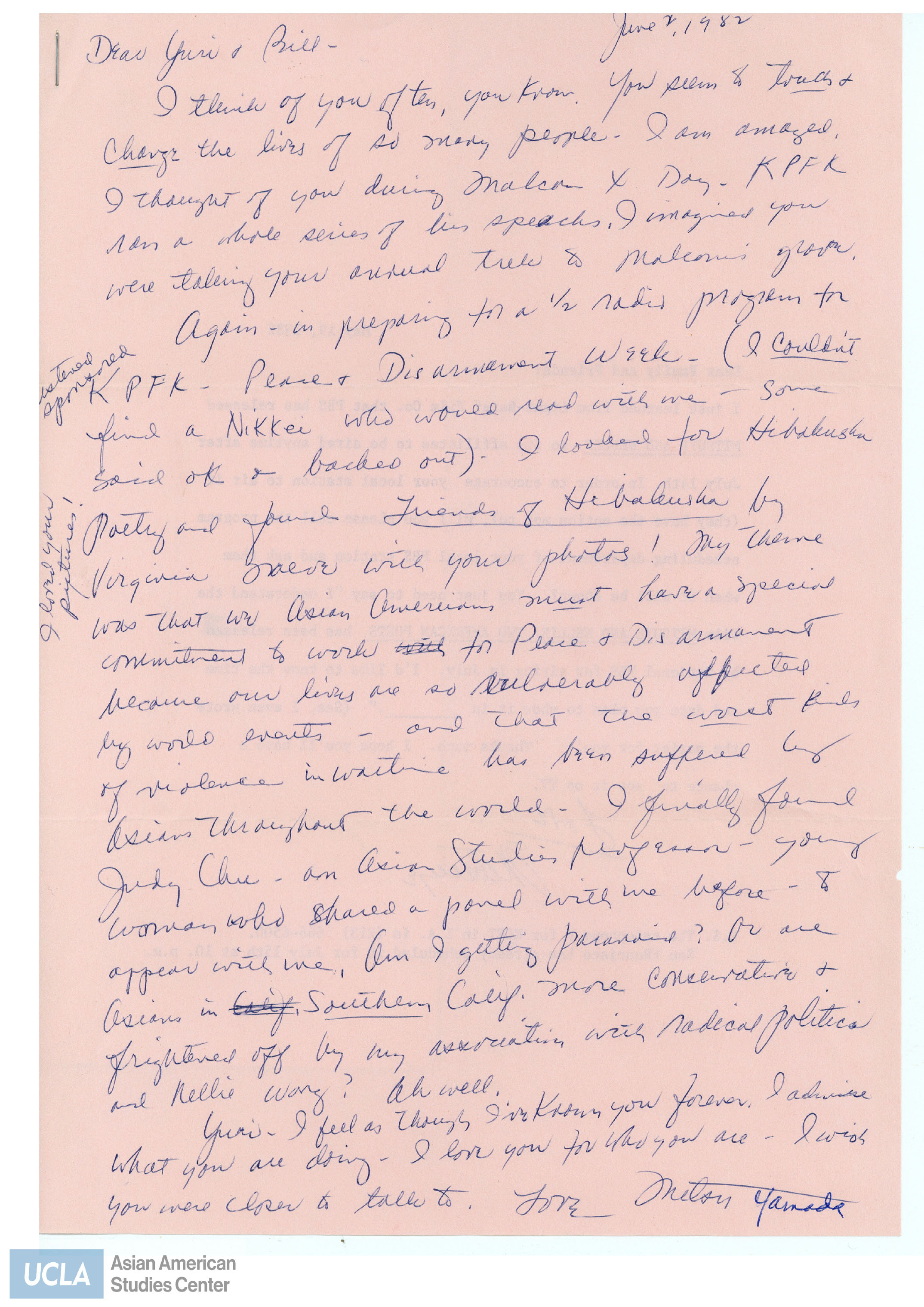 Nelson thinks of Yuri during Malcolm X Day and is preparing for the Peace and Disarmament Week. The letter mentions the Friends of Hibakusha and nuclear disarmament.