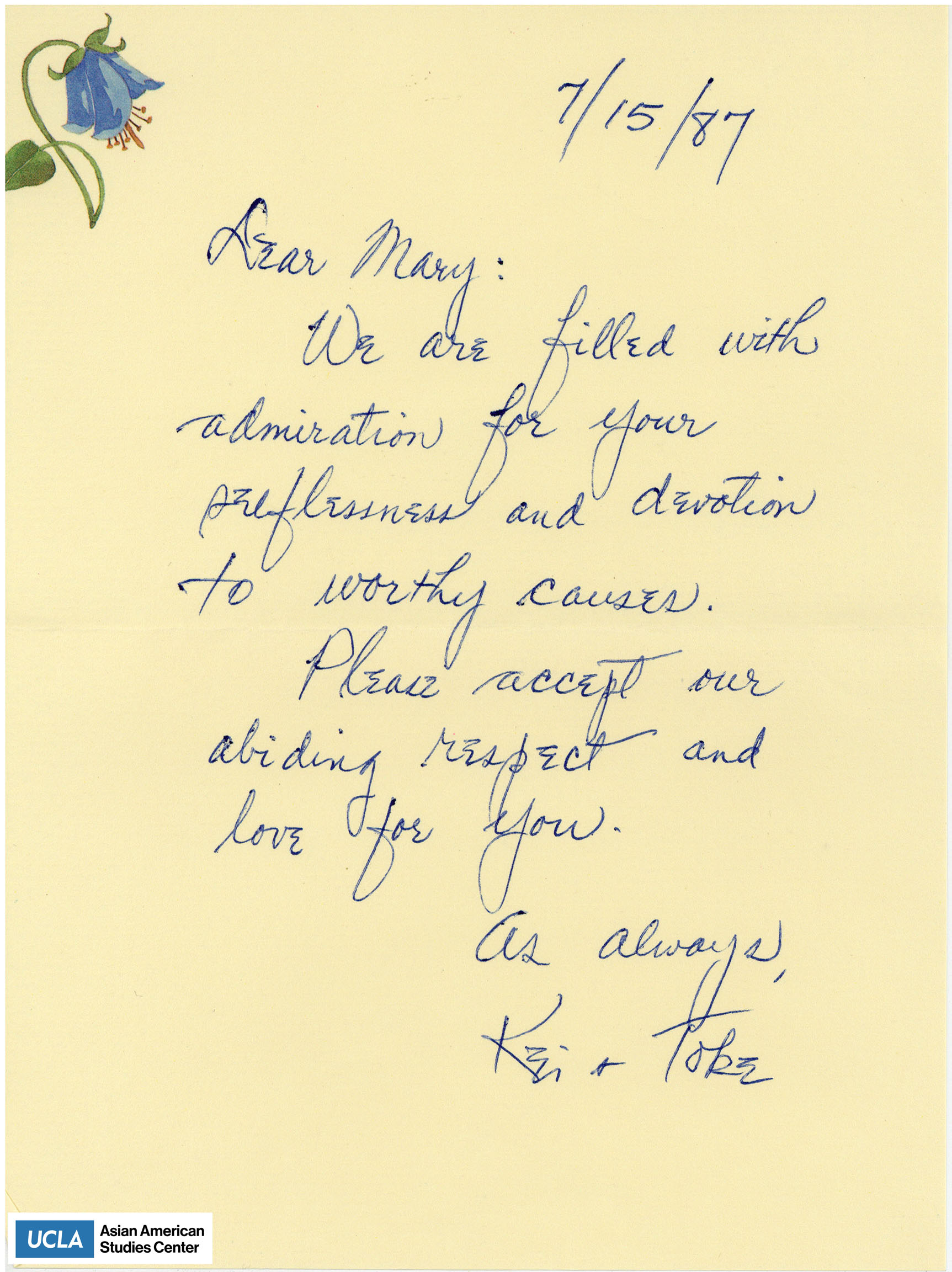 Letter praising Yuri's selflessness and time committed to social causes.
