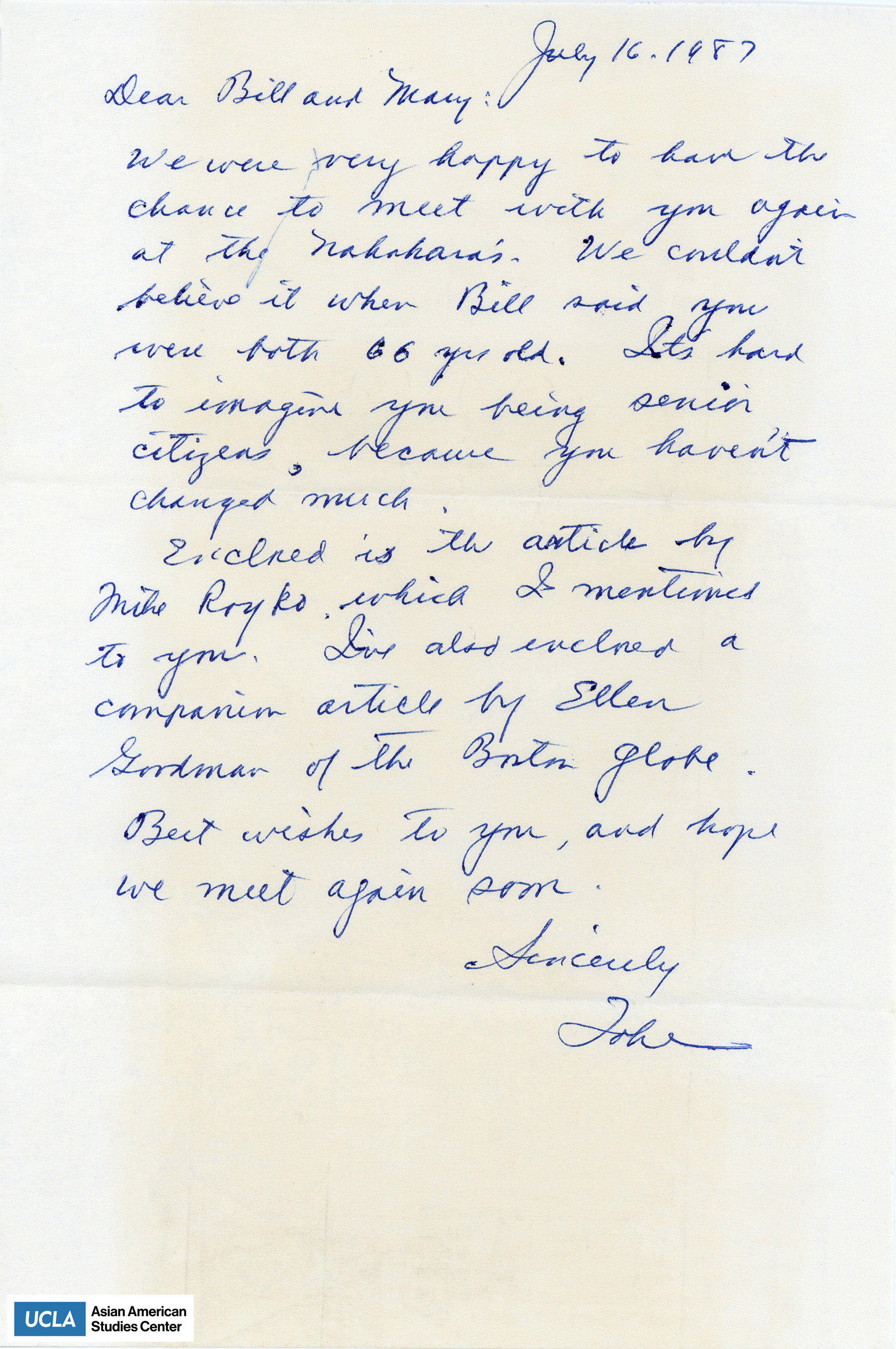 Letter regarding how much Yuri has not aged at age 60. John mentions including an article from Mike Rokyo.