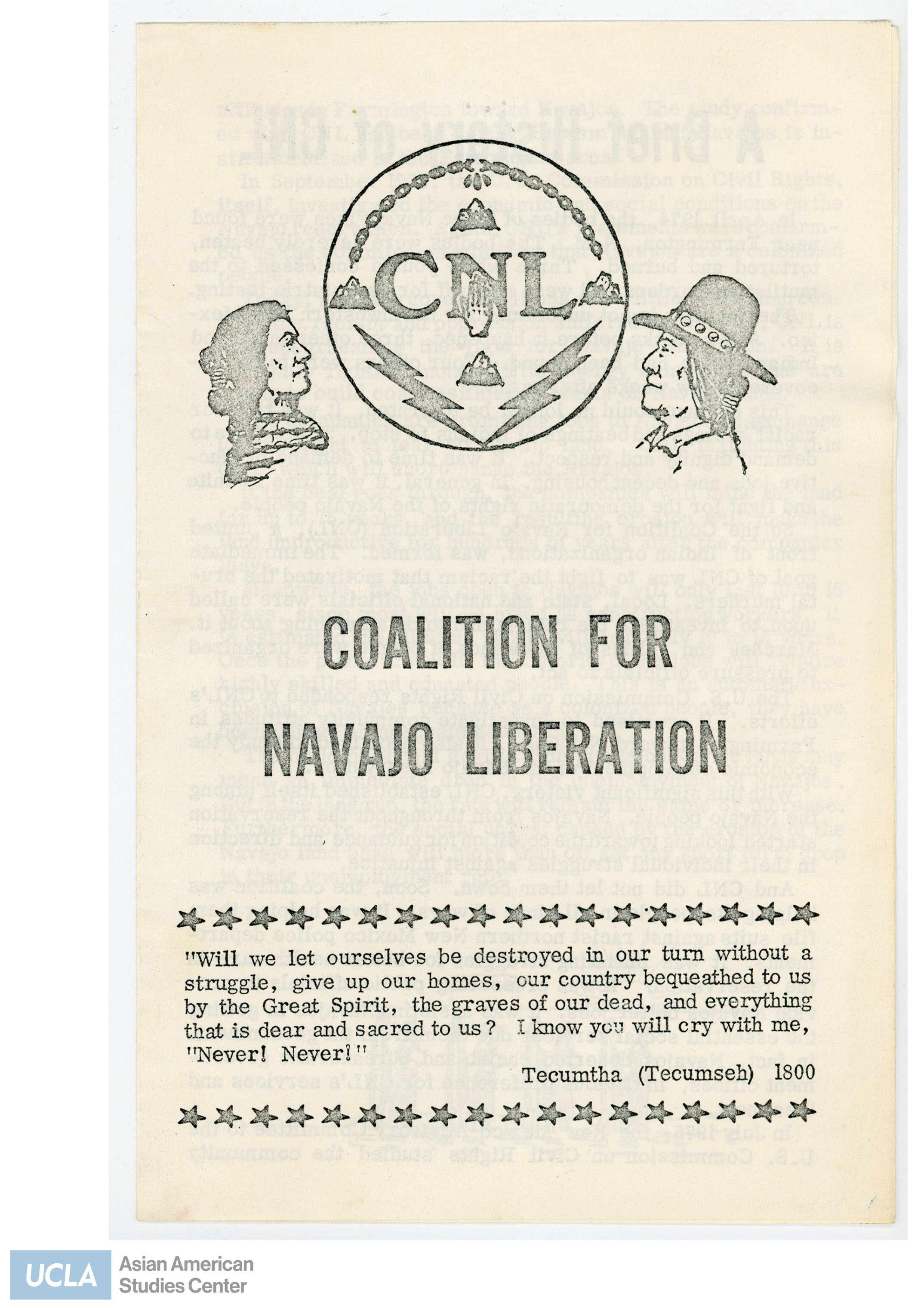 Pamphlet describing history of the Coalition for Navajo Liberation and space for contributions.