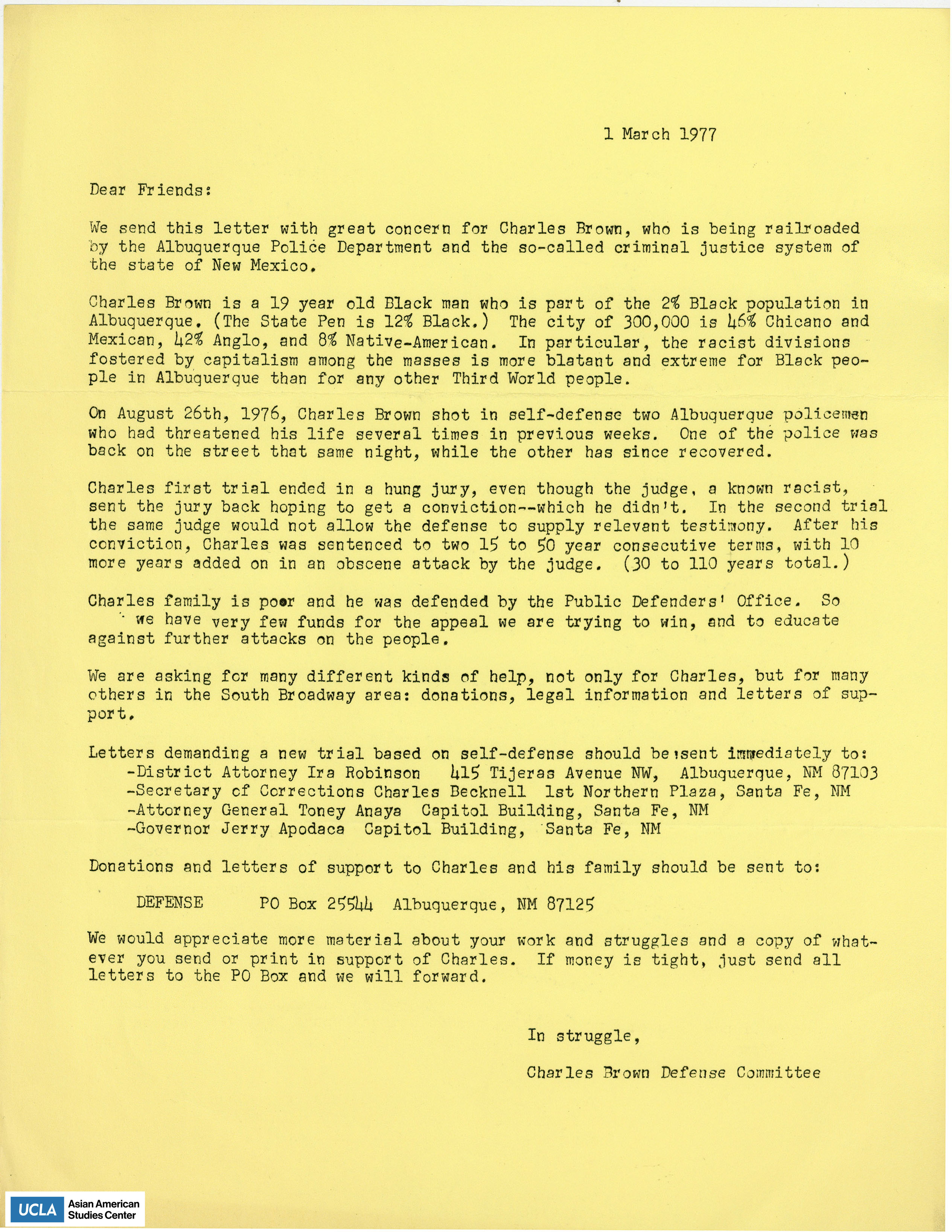 Letter regarding donations and support for Charles Brown.