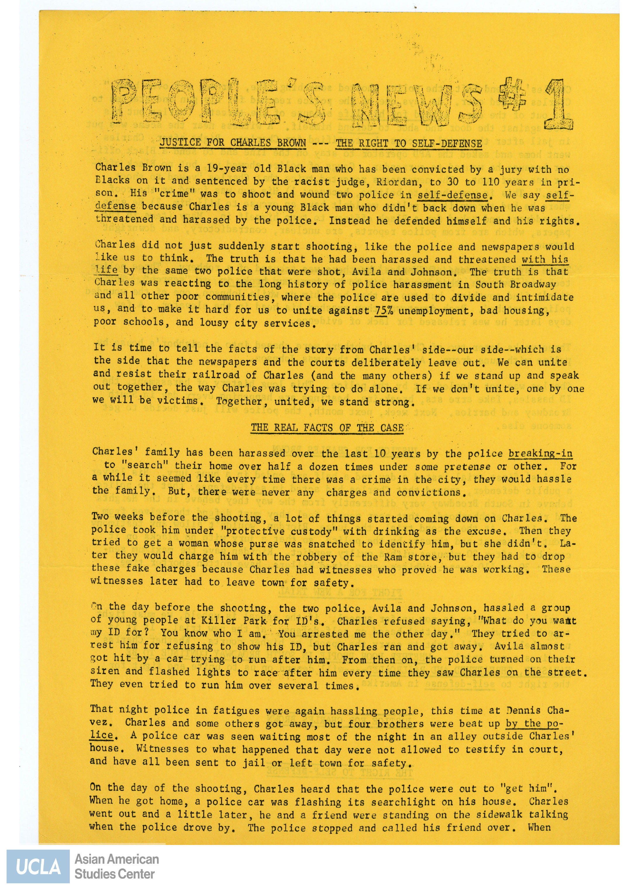 Flyer regarding Justice for Charles Brown and the facts about the case.