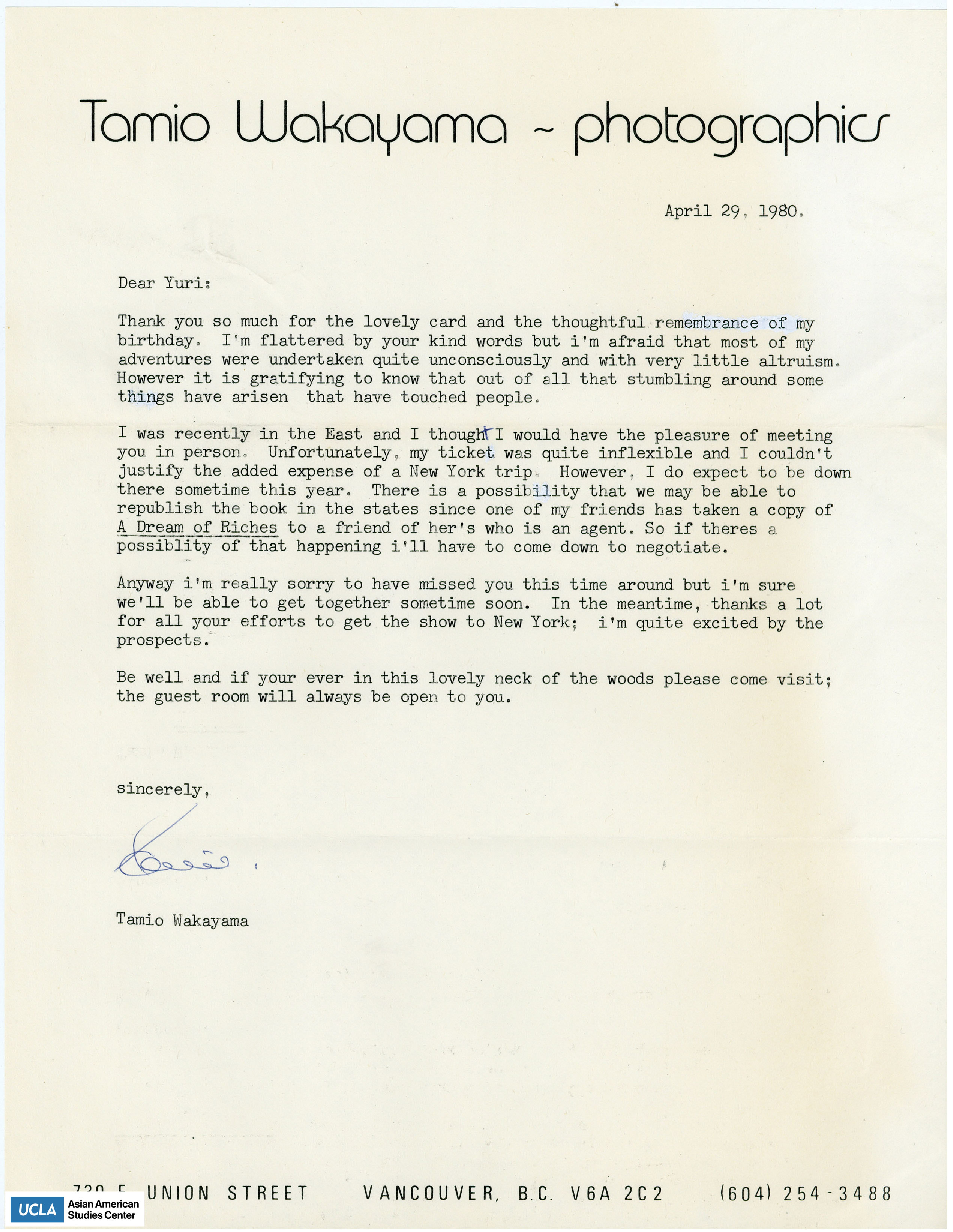 Letter of apology for not meeting while in New York and the possibility of republishing the book.