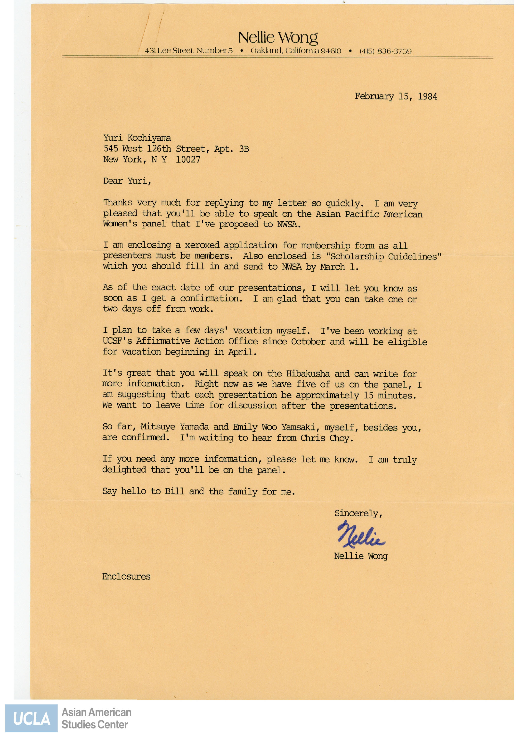 Letter of thanks for agreeing to speak at the Asian Pacific American Women's panel.