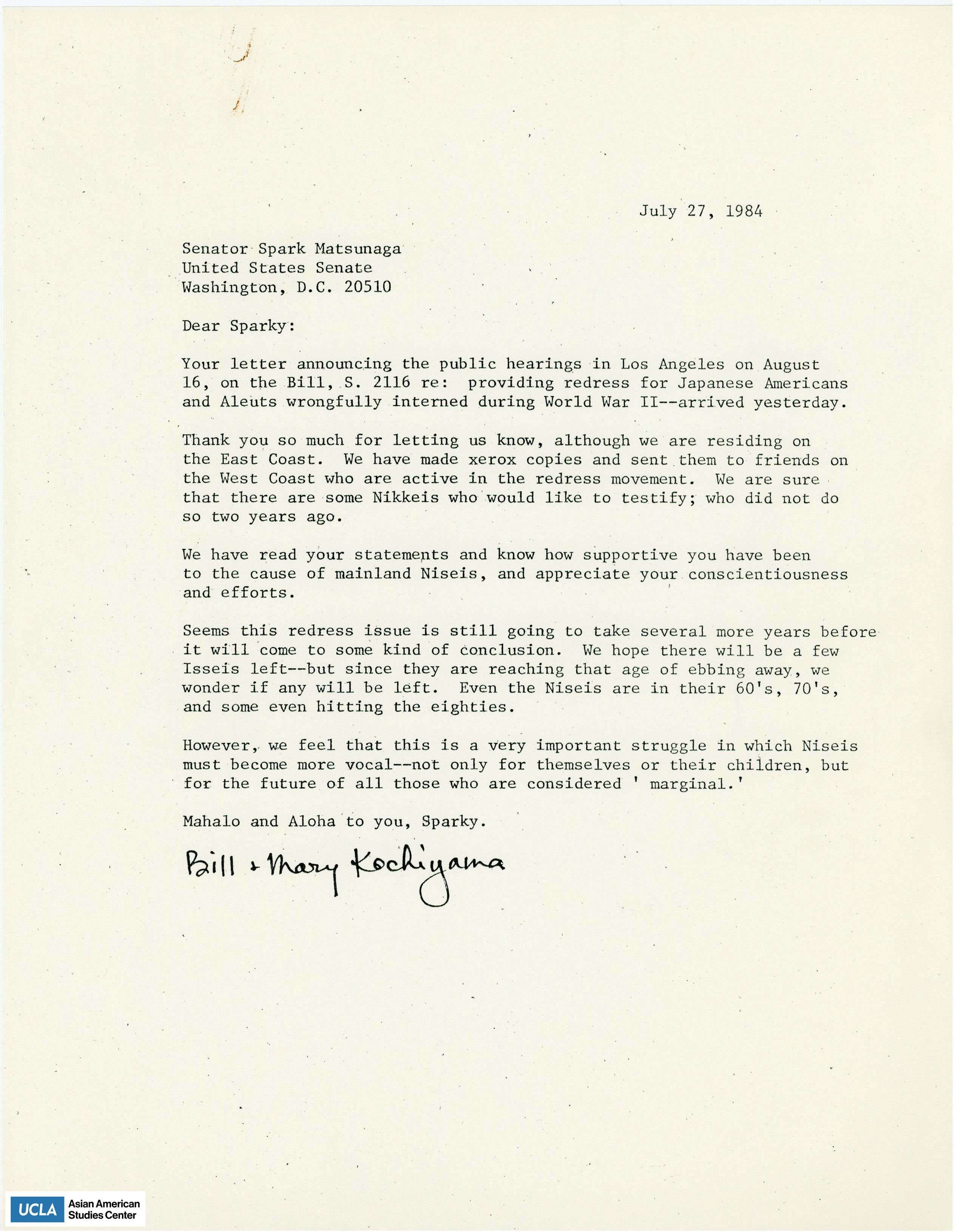 Letter regarding the announcment of public hearings for Japanese American redress in Los Angeles. Yuri and Bill write that they live in the East Coast.