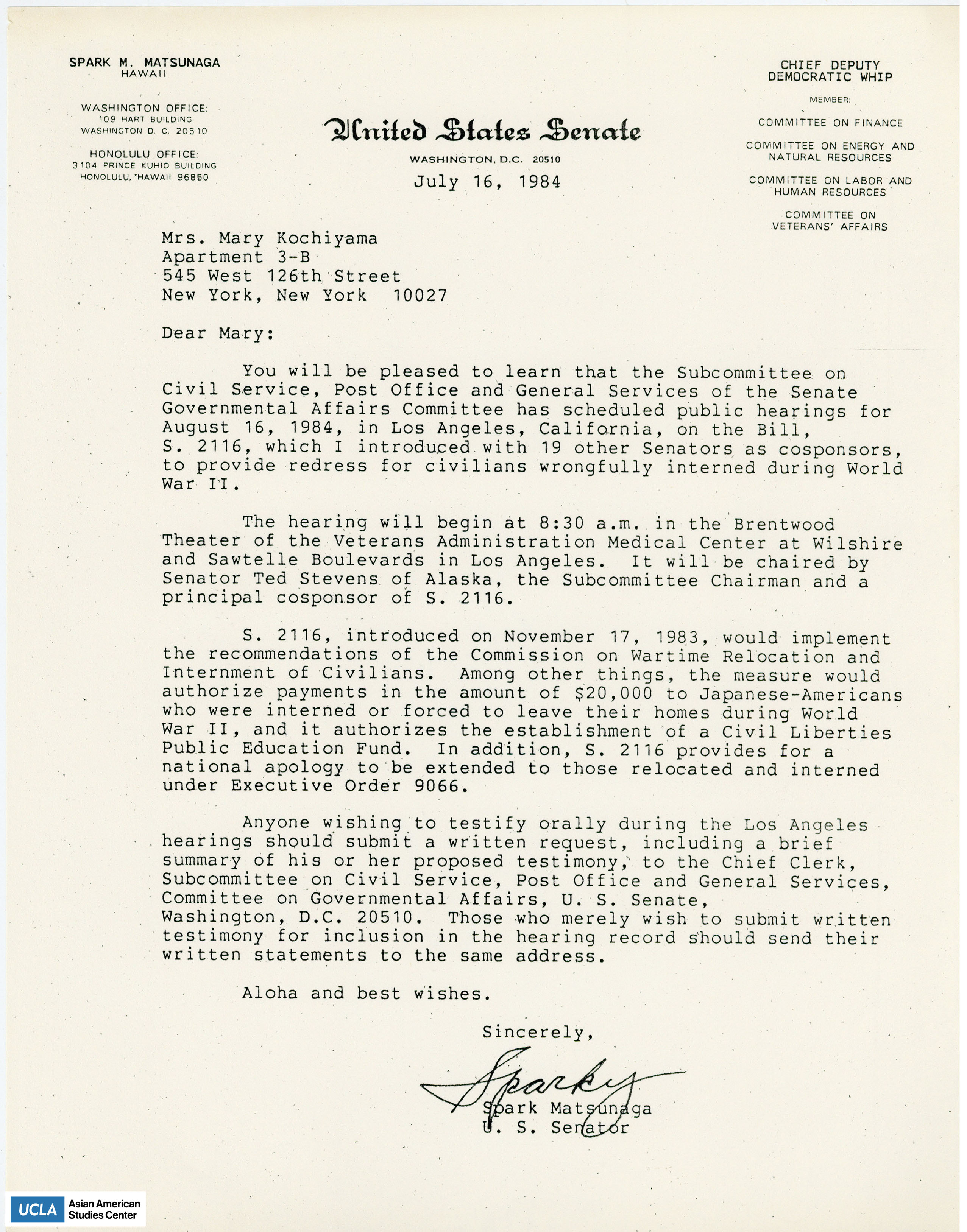 Letter regarding the announcment of public hearings for Japanese American redress in Los Angeles.