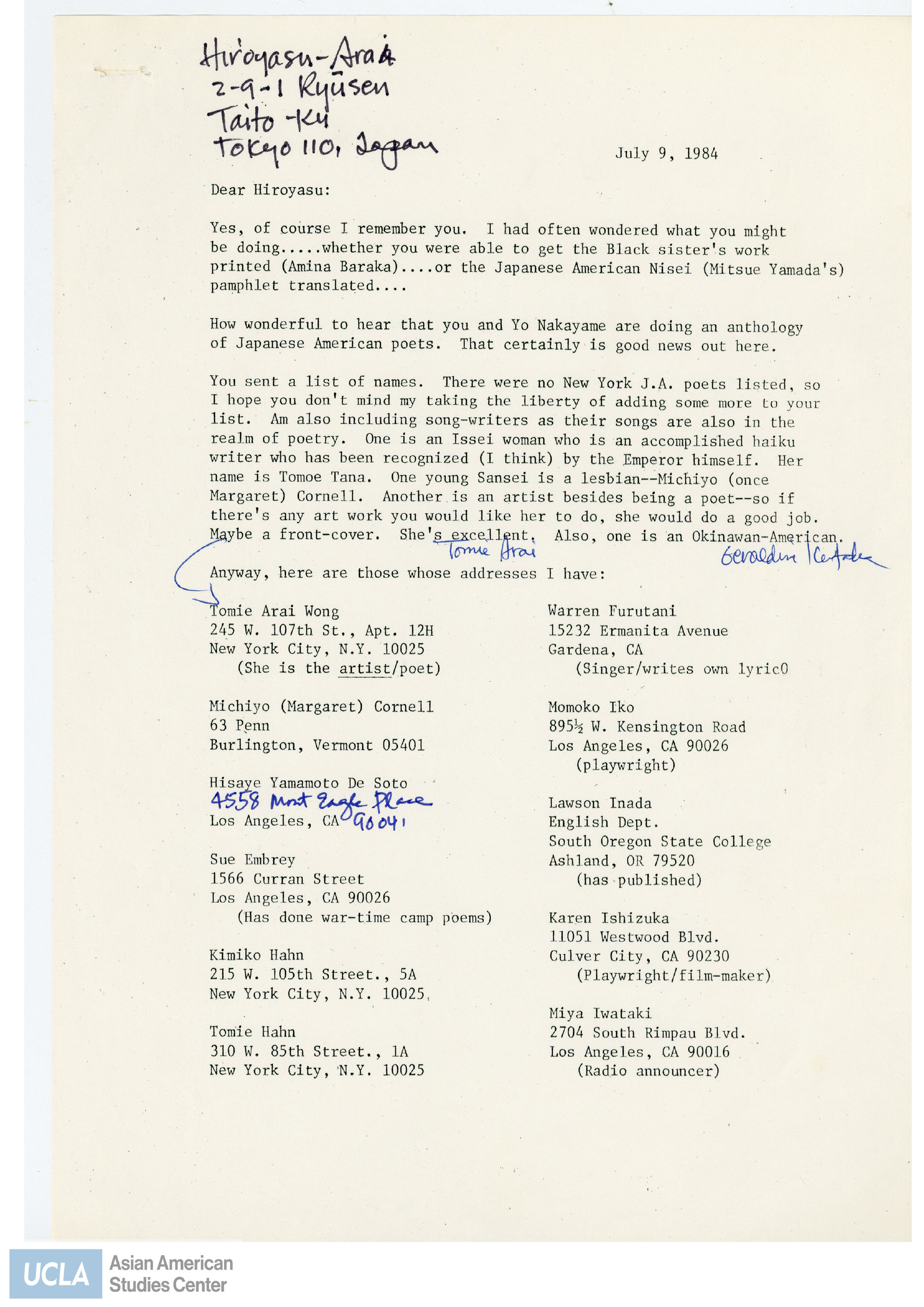 Letter regarding a list of Japanese American poets and song writers.