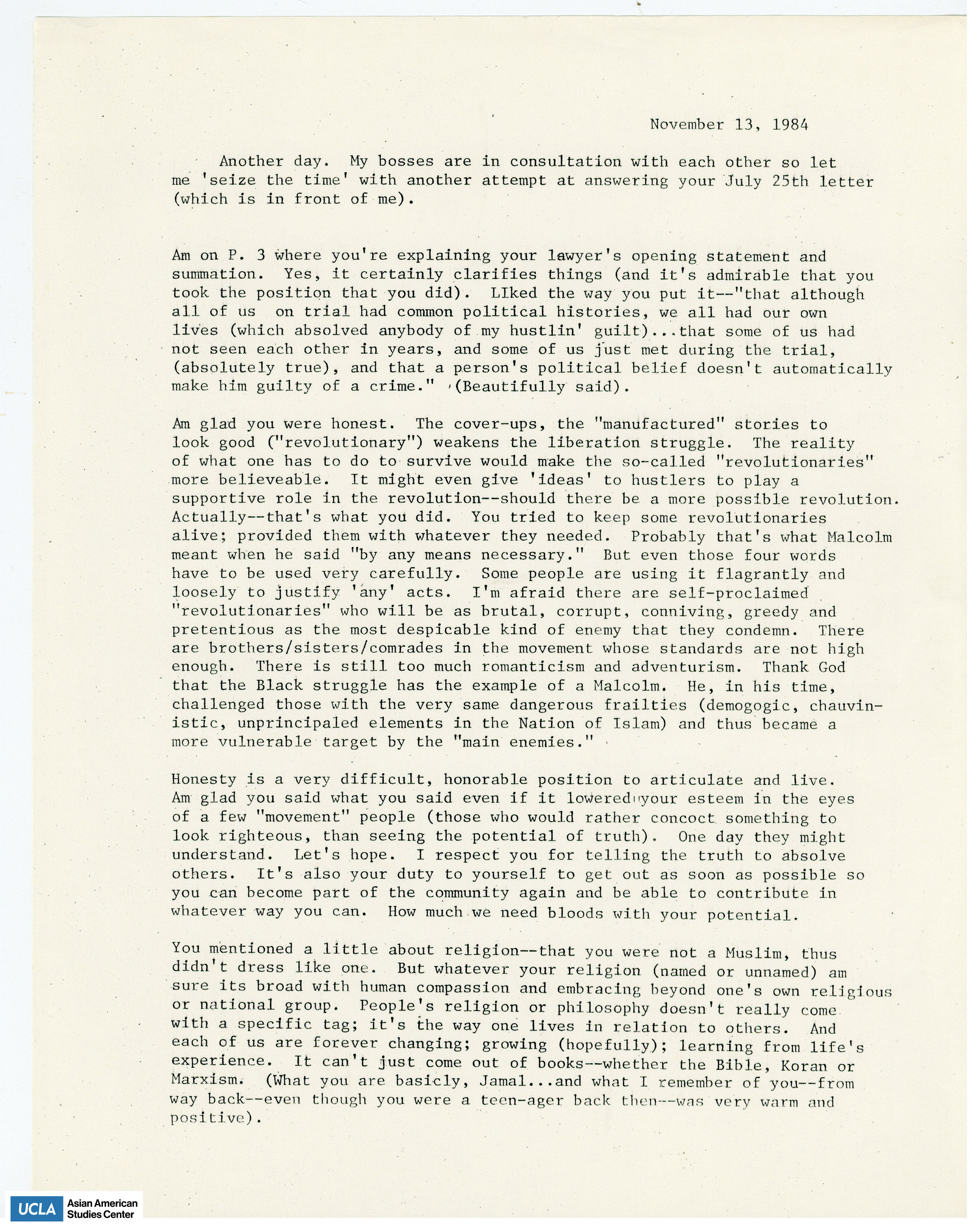 Letter regarding liberation and the movement.