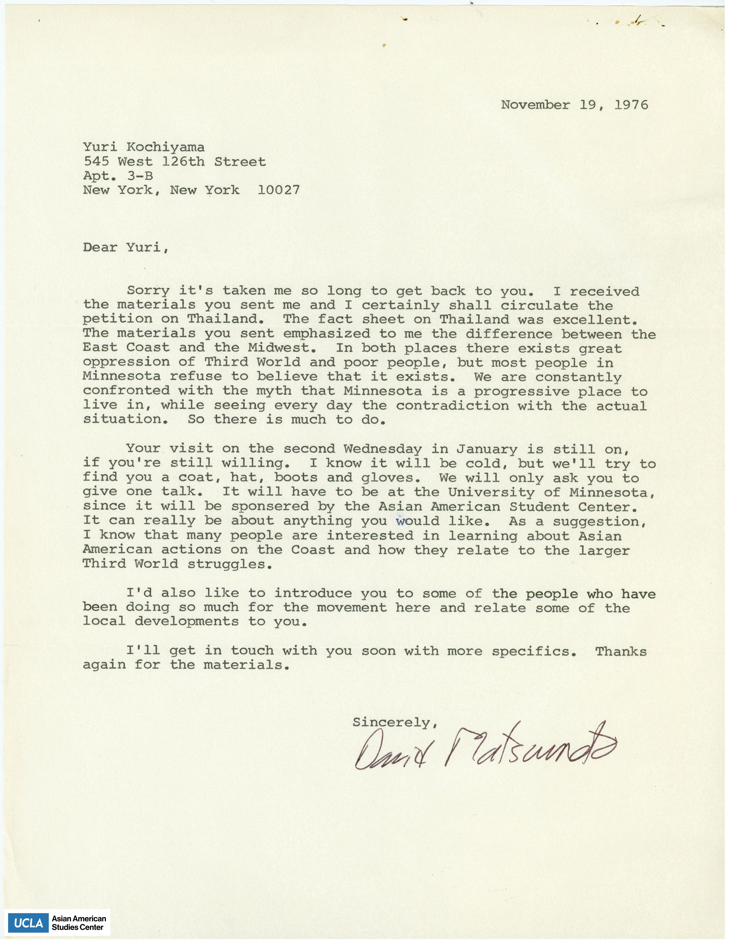 Letter regarding Yuri's speaking event at the University of Minnesota.