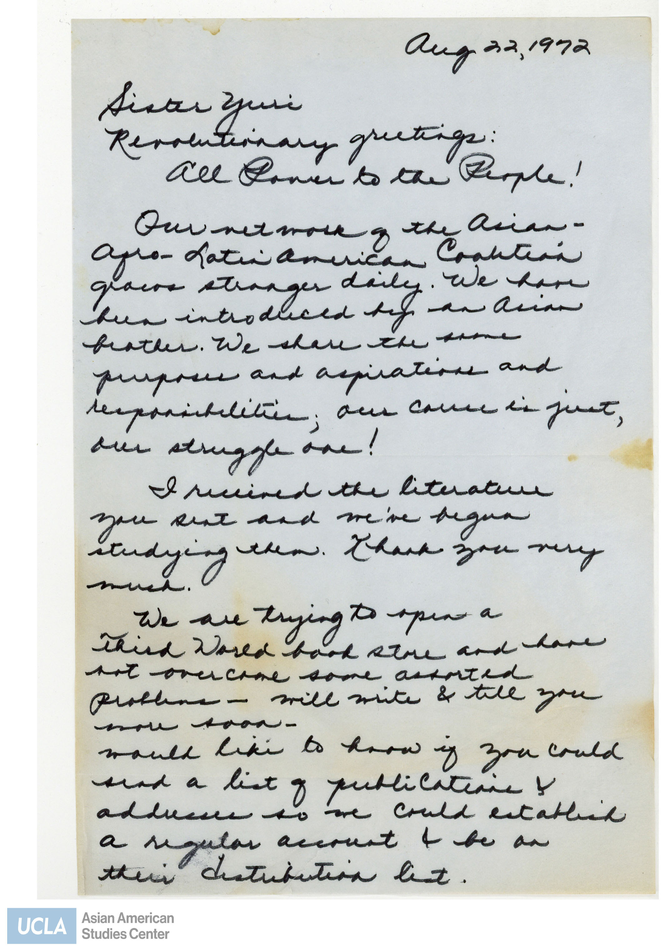 Letter regarding the Asian-Afro-Latin American Coalition and plans to operate a third world food store.