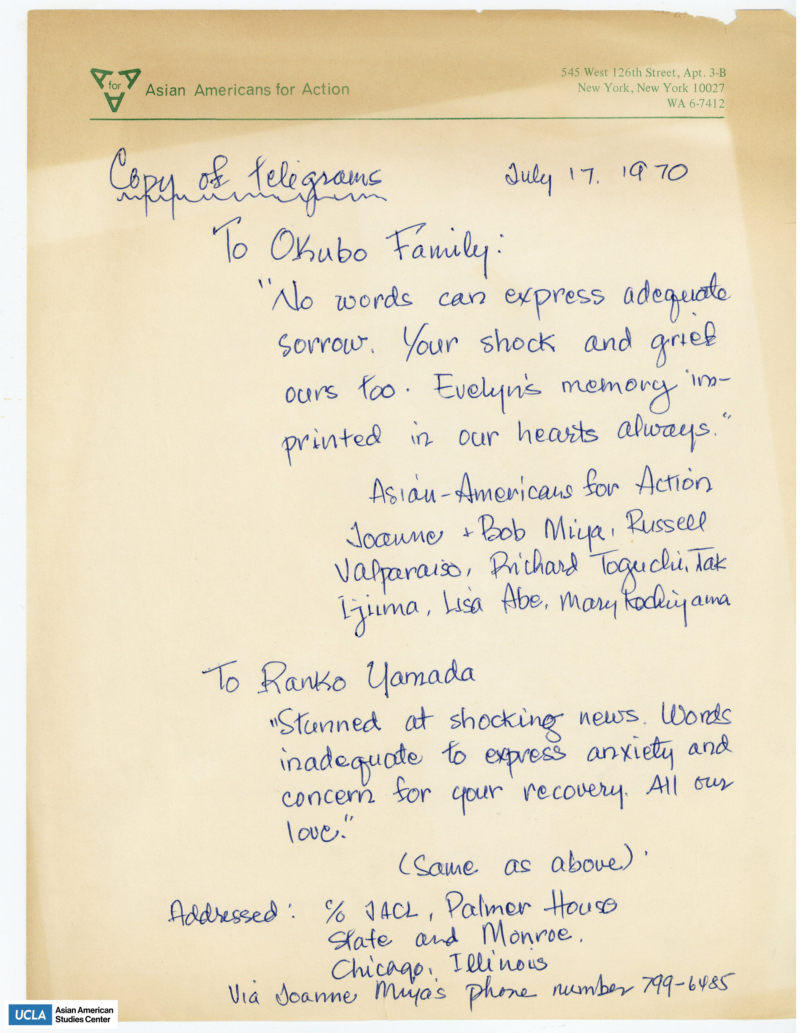 Copy of telegrams to Okubo family and Ranko Yamada regarding passing of Evelyn.