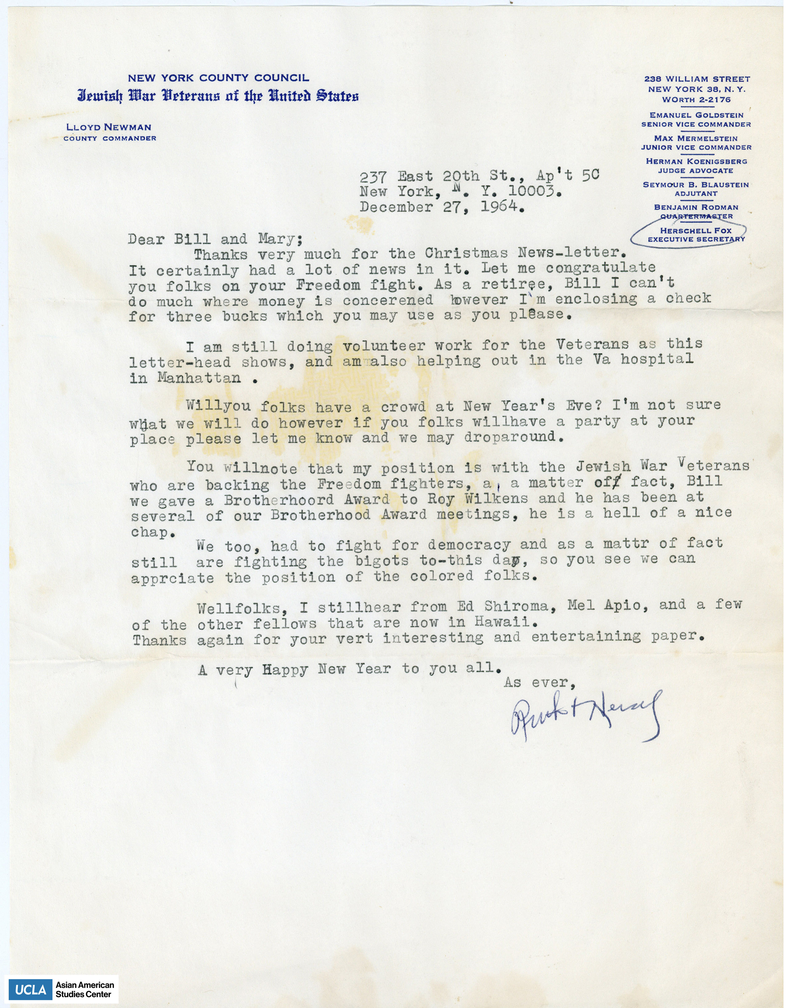 Letter of thanks for the Christmas Cheer newsletter and volunteer work for veterans.