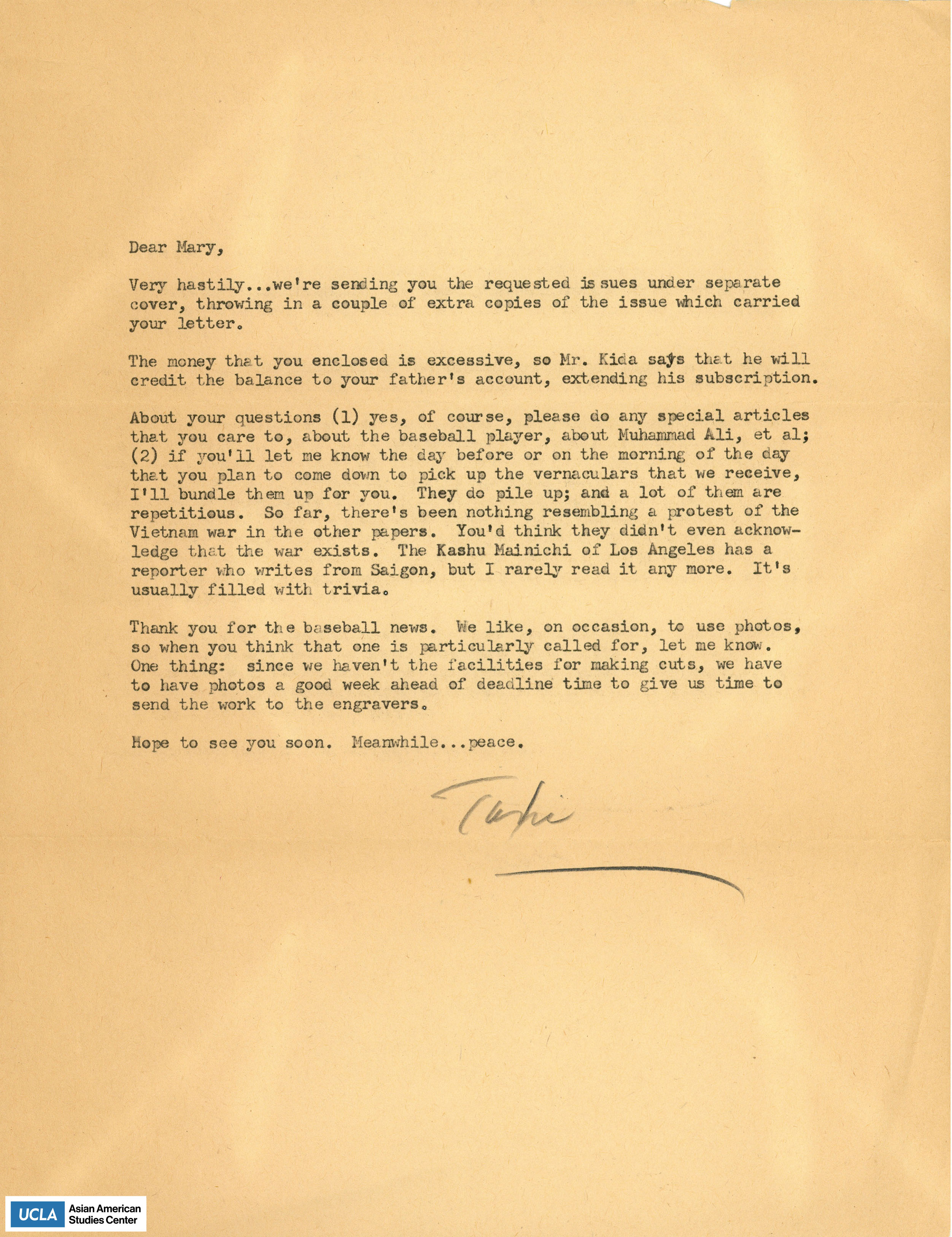 Letter regarding writing any articles Yuri wants to cover.