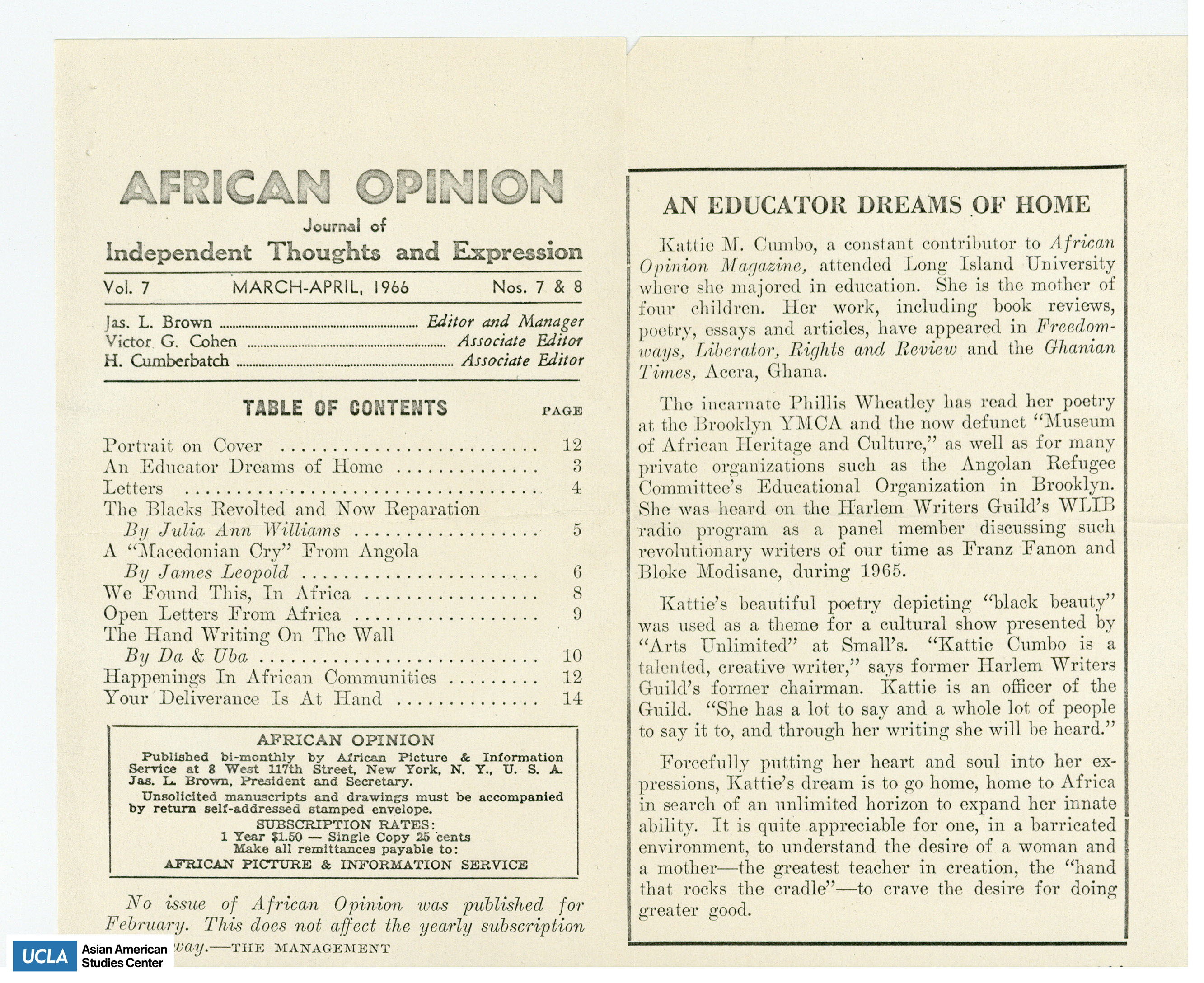 Pamphlet of African Opinion. Includes table of contents and introduction.
