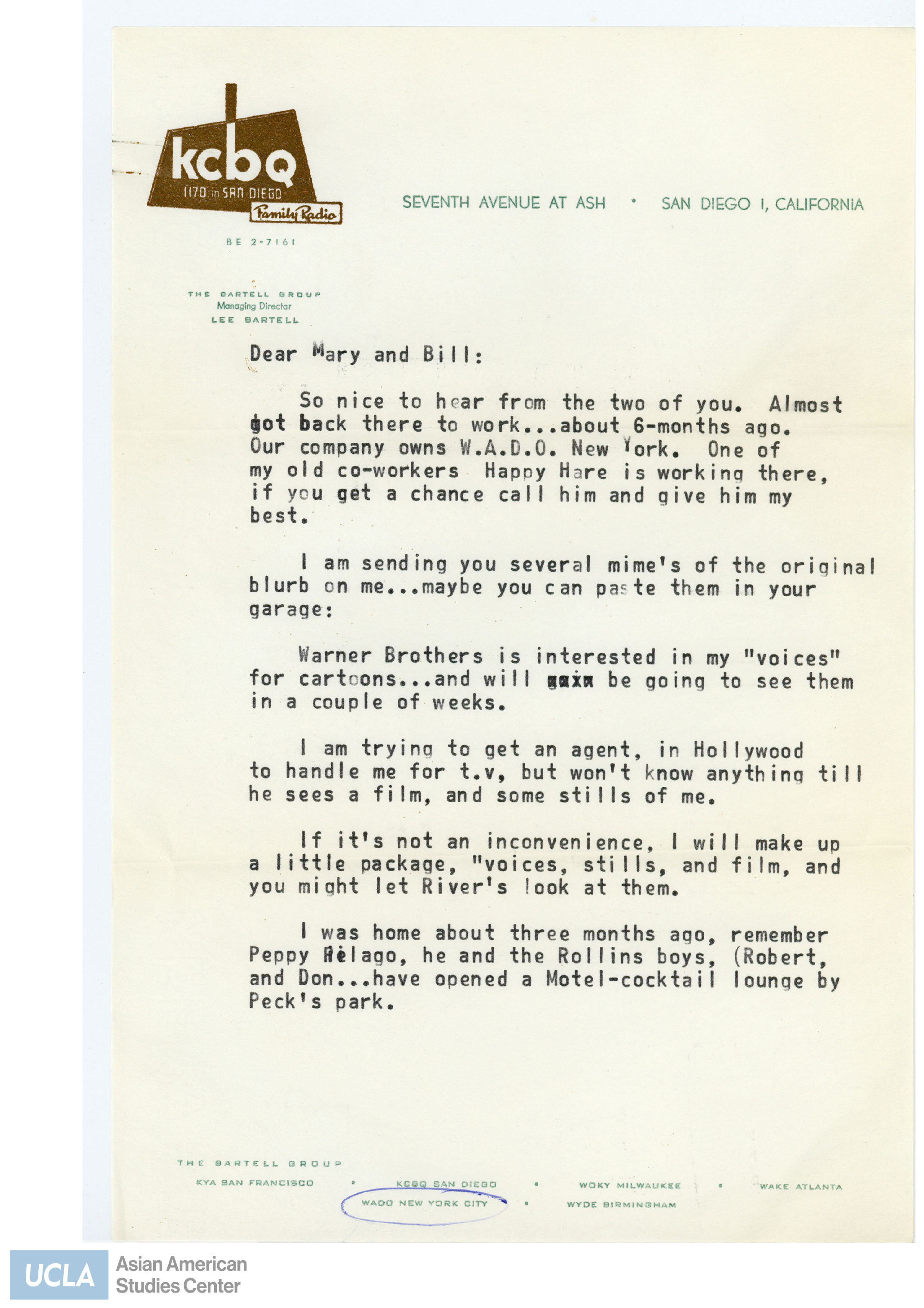 Letter regarding sending a blurb about Ralph.